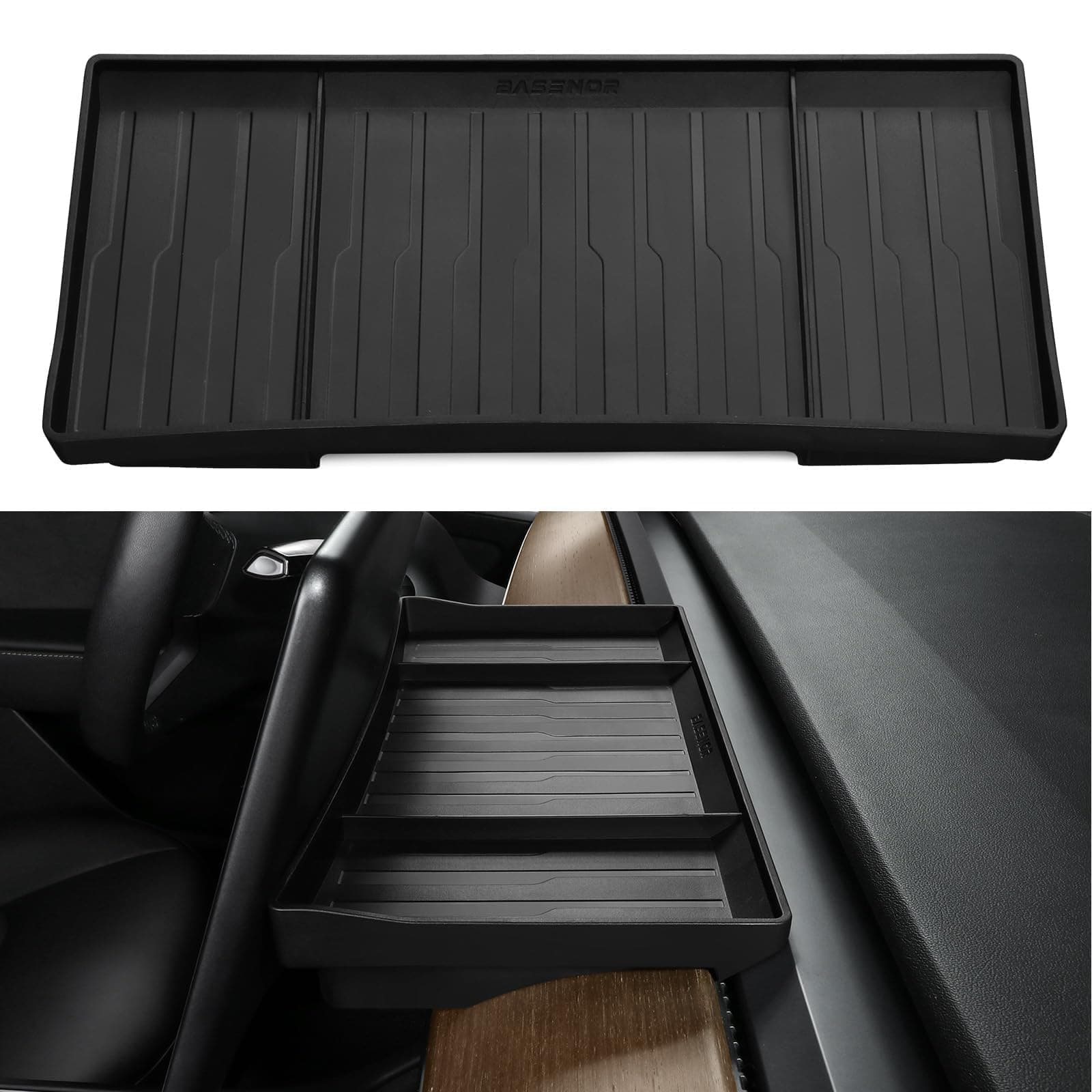 BASENOR Tesla Model Y Model 3 Dashboards Behind Screen Storage Box, (Proprietary Design) Center Console Hidden Organizer Tray Sunglasses Holder for 2017-2023 Model 3 2020-2024 Model Y