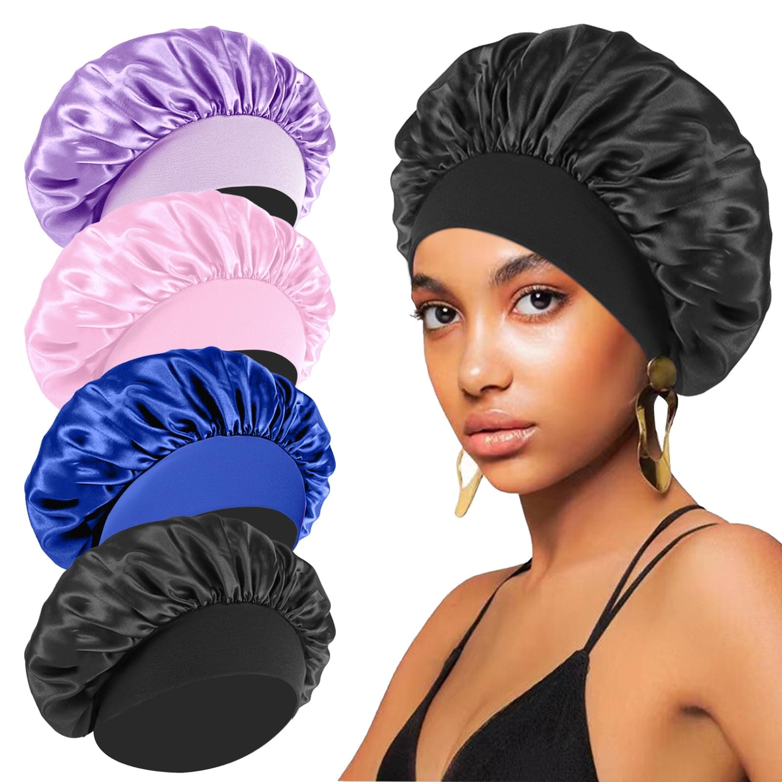 4PCS Silk Bonnet for Sleeping - Satin Bonnets for Black Women & Men, Elastic Wide Band Hair Wrap Cap for Curly Hair, Shower Cap (Black, Sapphire Blue, Pink, Purple)
