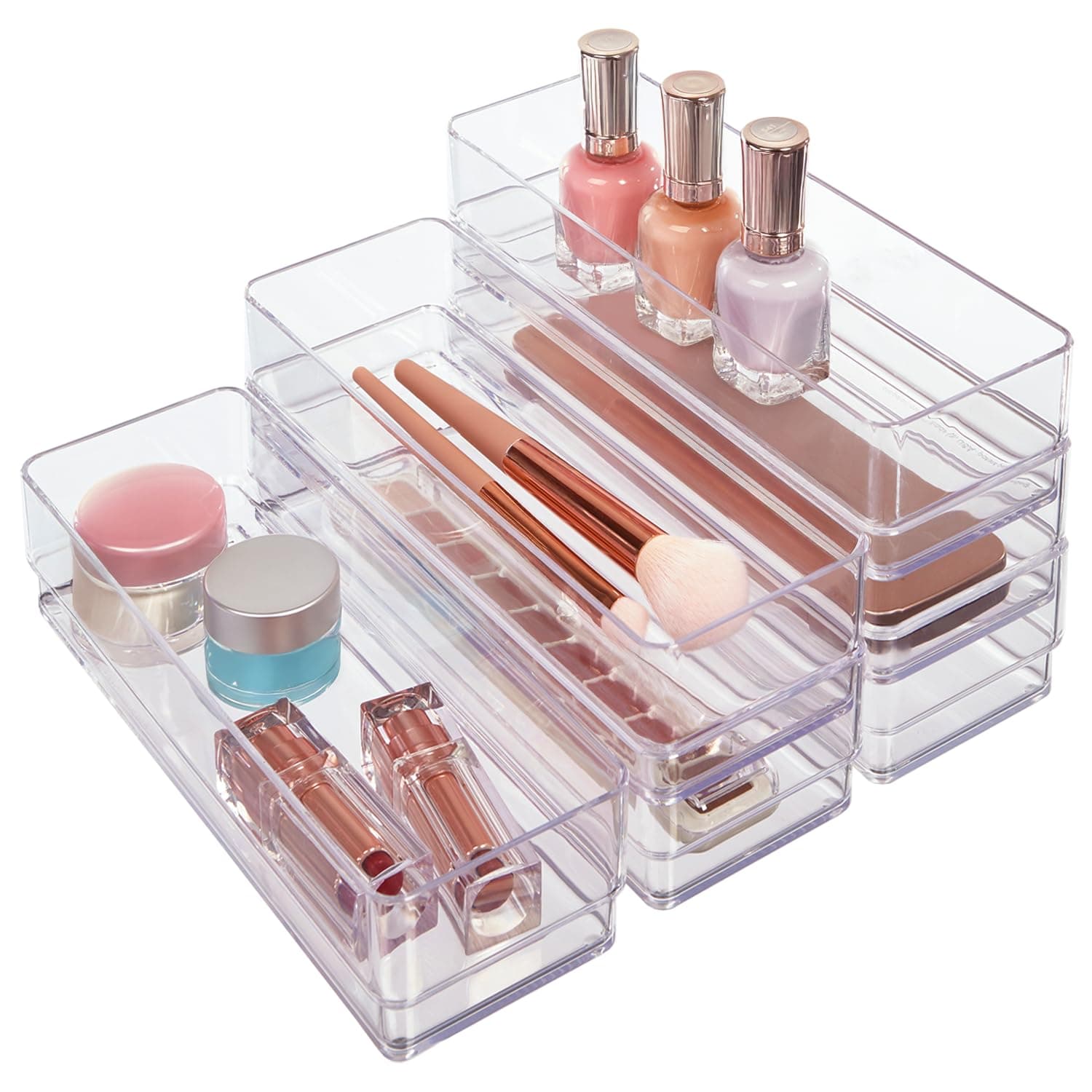 STORi SimpleSort 6-Piece Stackable Clear Drawer Organizer Set | 9" x 3" x 2" Rectangle Trays | Narrow Makeup Vanity Storage Bins and Office Desk Drawer Dividers | Made in USA