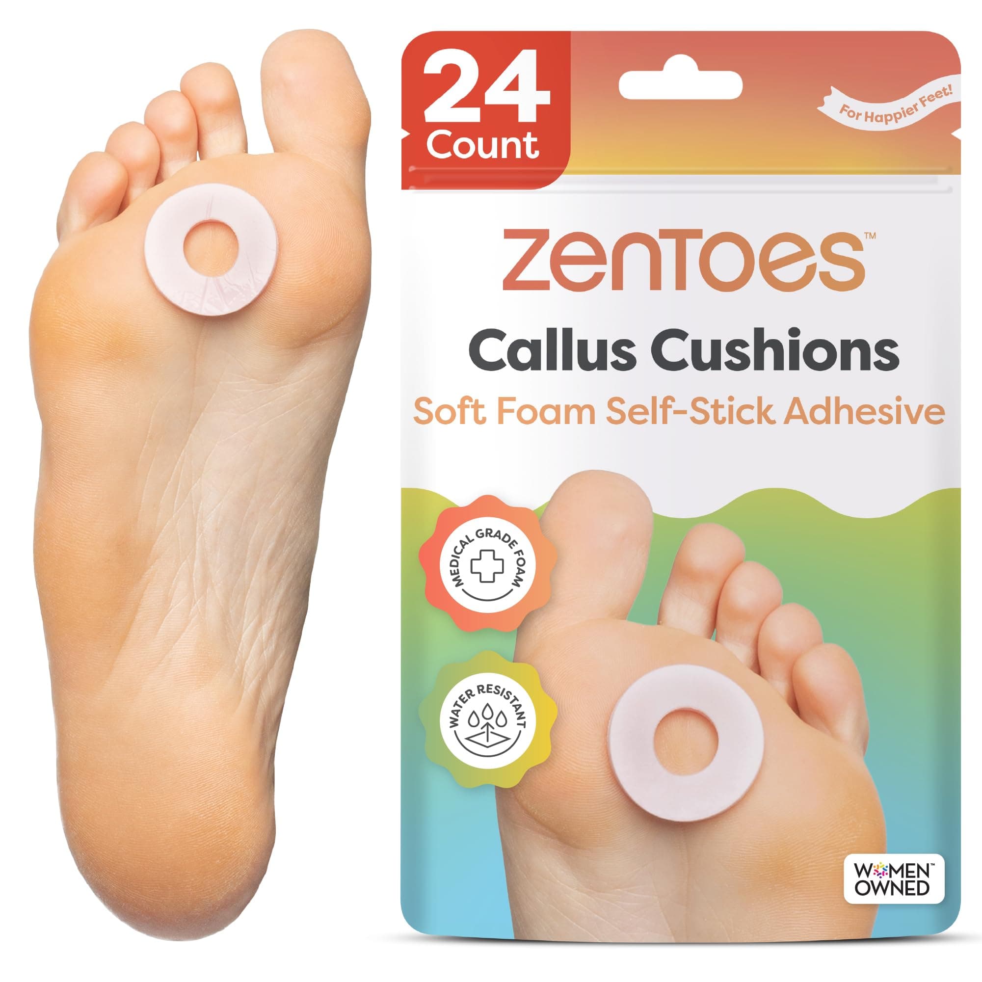 Callus Cushions | Water-Resistant Self-Stick Adhesive Corn Pads | Foot, Heel, & Toe Discomfort Relief | Soft Foam for Friction Protection | Ideal for Active Lifestyles | 24-Pack