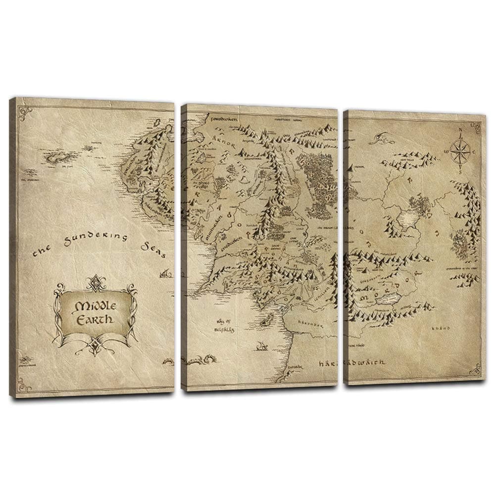 3 Pieces Wall Art Decor The Hobbit Map The Lord of The Rings Map Movie Poster Print Map of Middle Earth Posters Wall Decor Vintage Map Artwork for Living Room Gift Framed Easy to Hang(16" Hx24 W)