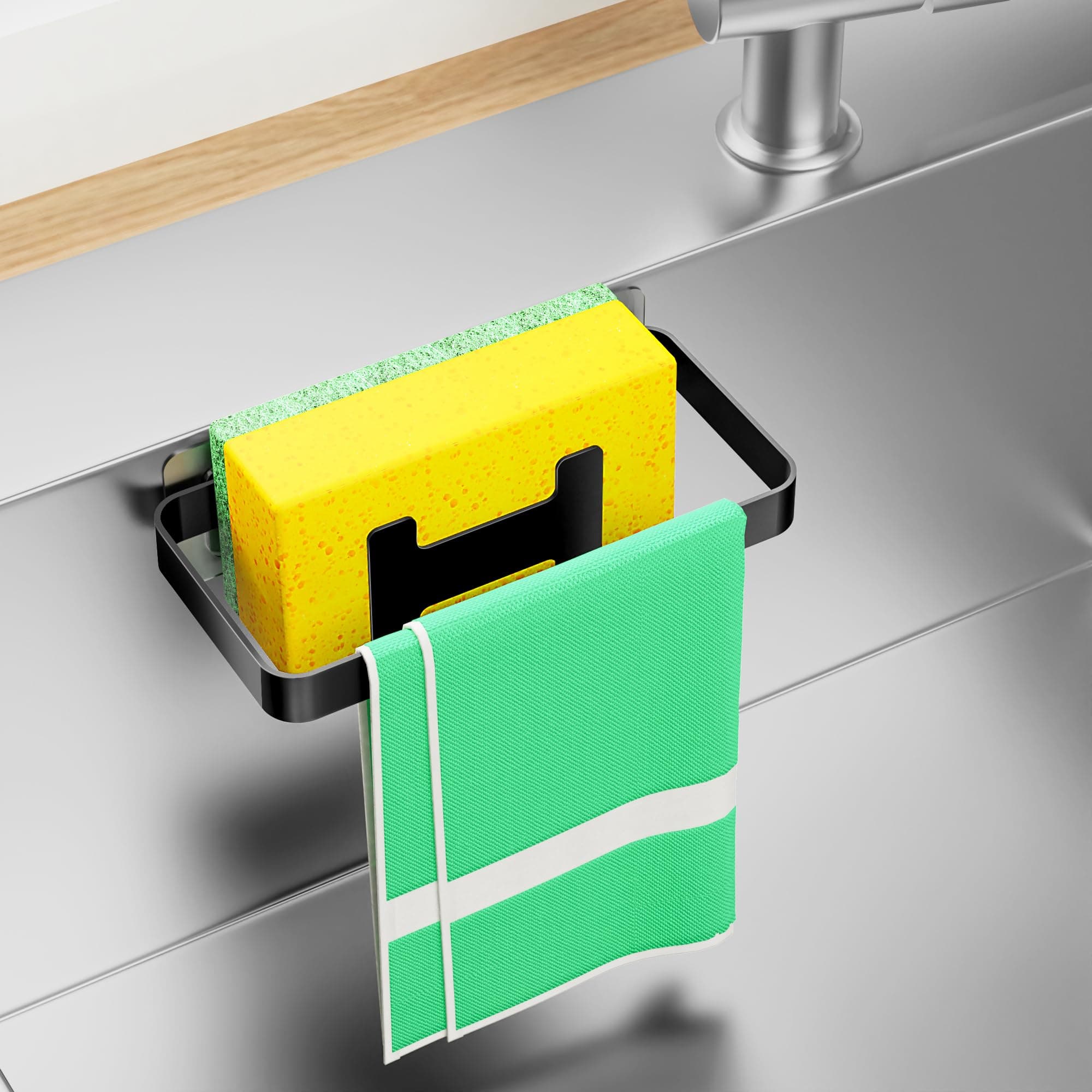 2 in 1 Sponge Holder for Kitchen Sink, Stainless Steel Adhesive Dish Sponge Holders for Sponges, Brushes and Dish Cloth, Kitchen Sink Caddy Organizer Suction Cup, Black