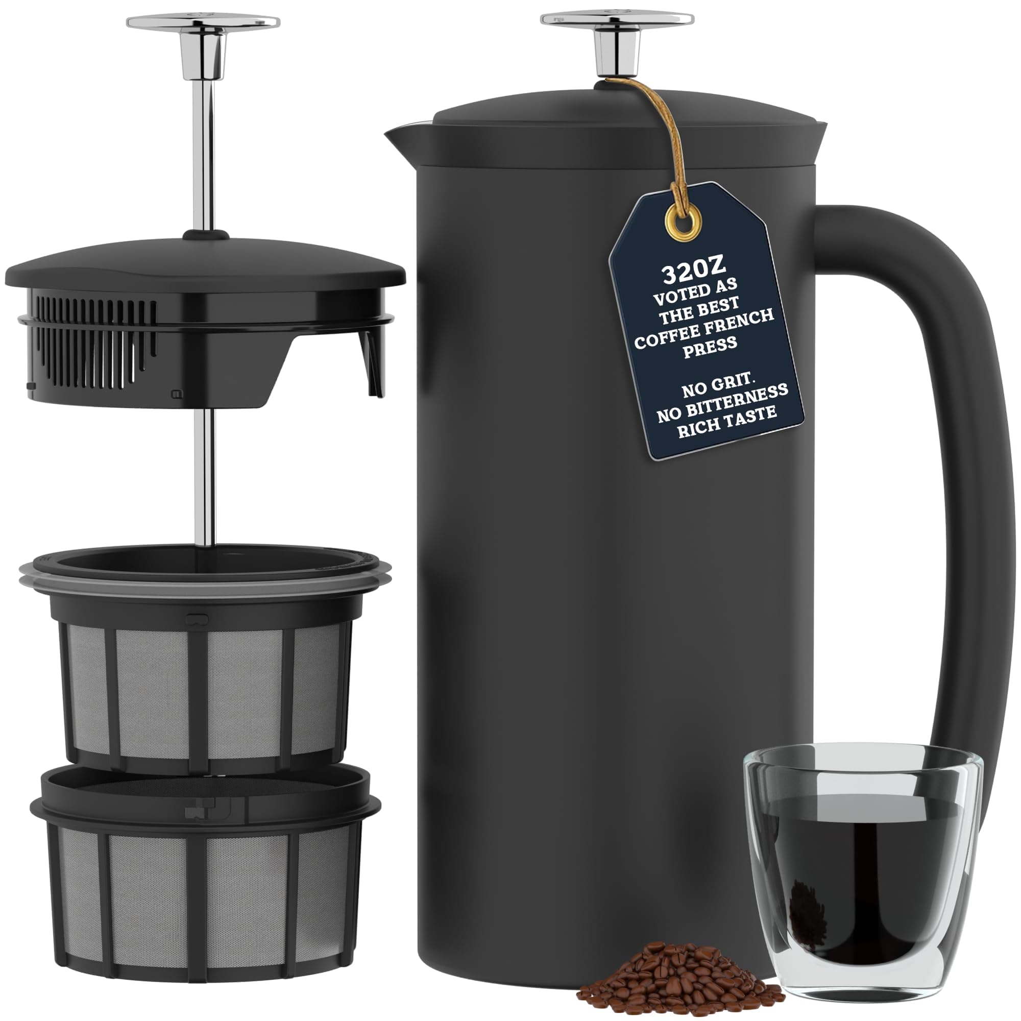 P7 French Press Stainless Steel 304 – Patented Double Walled Micro-Filter Insulated French Press Coffee Maker, Grit-Free Brew - Heat Resistant BPA Free Coffee Maker - Matte Black (32oz)