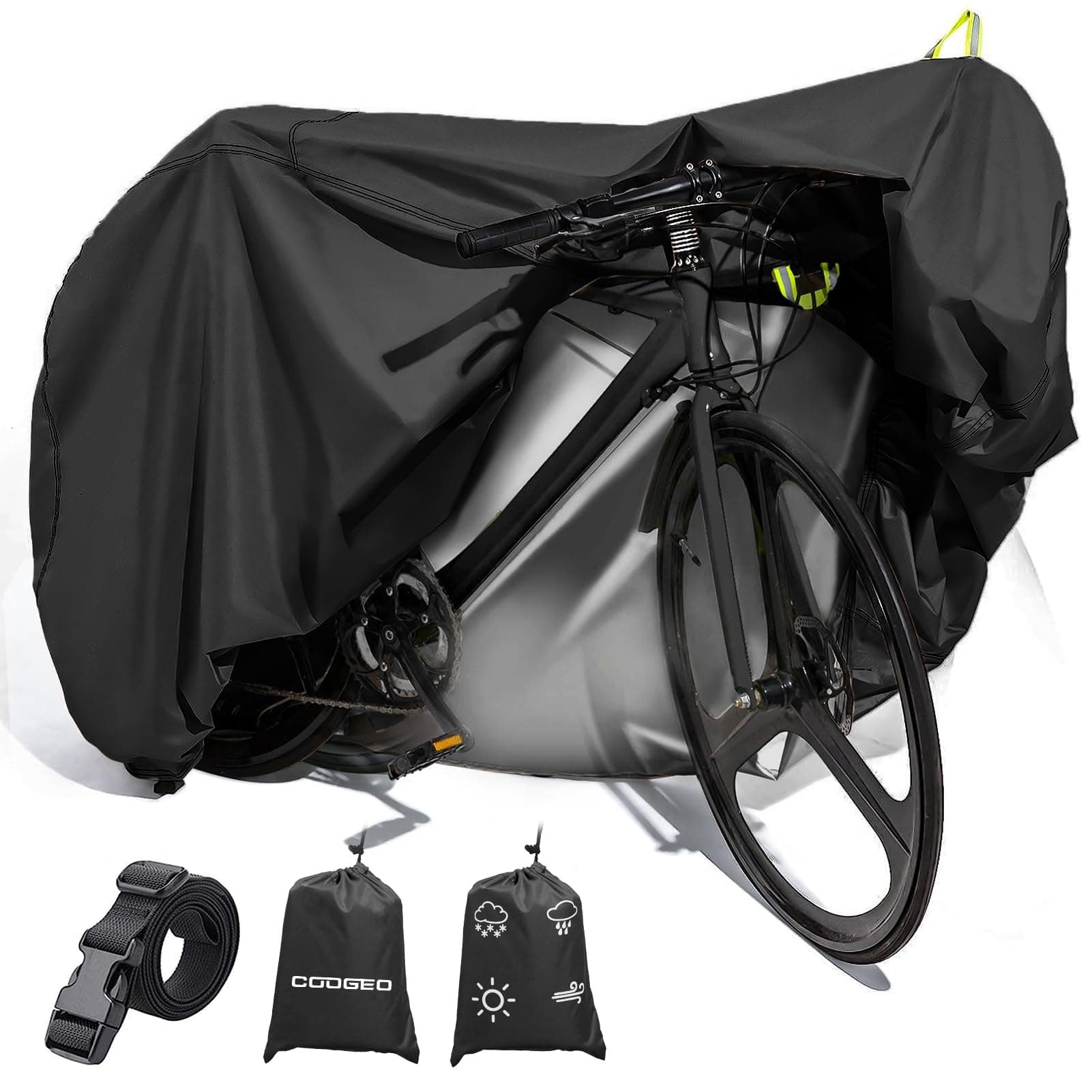 Bike Cover for 1 or 2 Bikes Outdoor Storage Waterproof Bicycle Cover for Transport on Rack, Rain Sun UV Dust Wind Proof with Wind-Secure Strap & Storage Bag, 420D Heavy Duty Bike Covers，Black