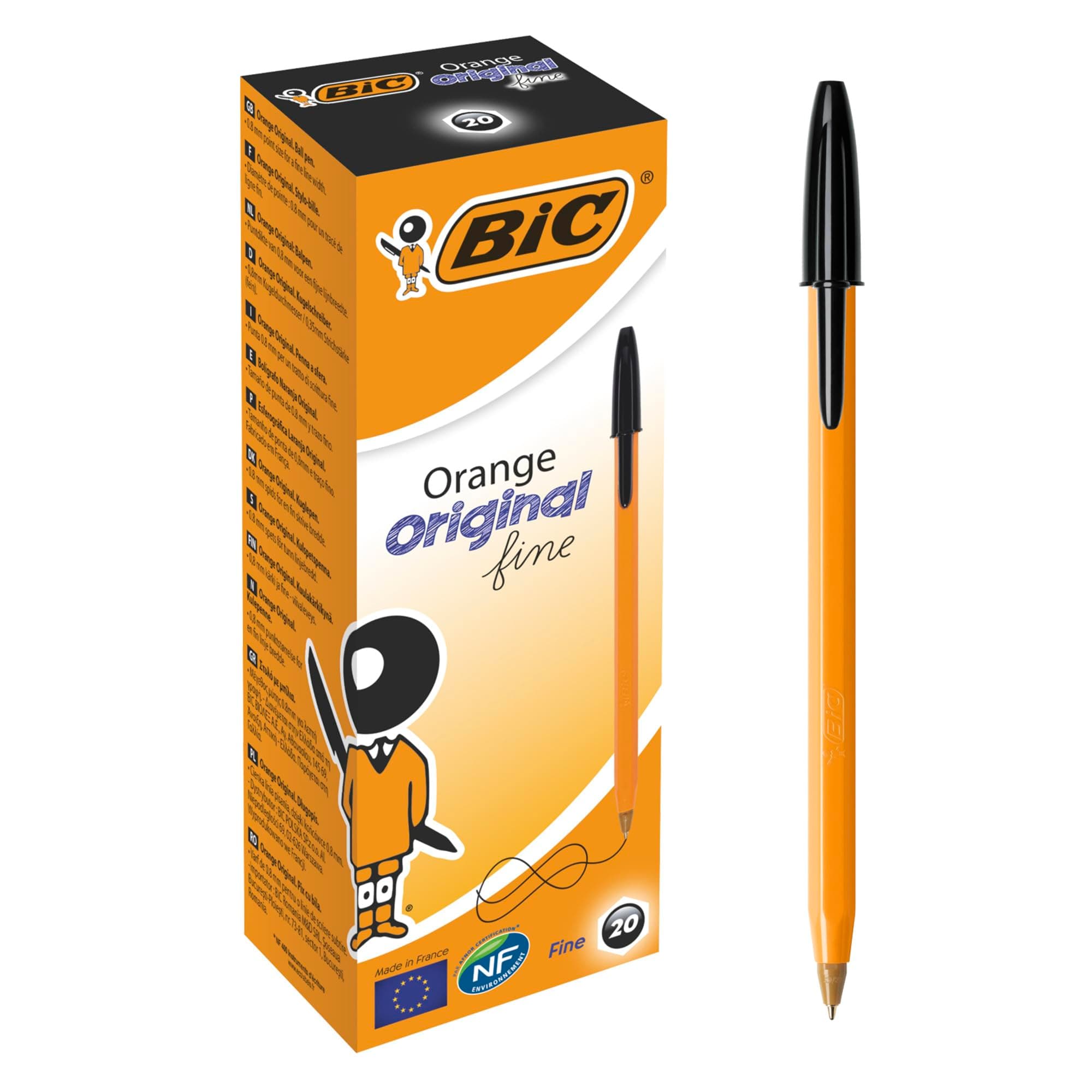 Orange Fine Ballpoint Pens, Fine Point (0.8 mm), Blank Ink, Box of 20 - Writing Pens with Long-Lasting Ink, Black