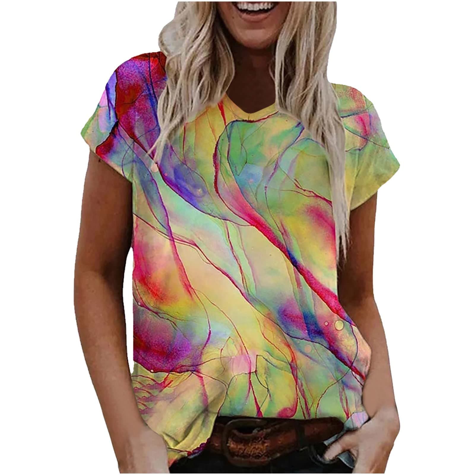 WANGXIYAN Summer Women Tie Dye Tops Fashion Casual Loose Fit Short Sleeve Crewneck Printing T-Shirt Comfy Soft Blouses Tees, Orange,green