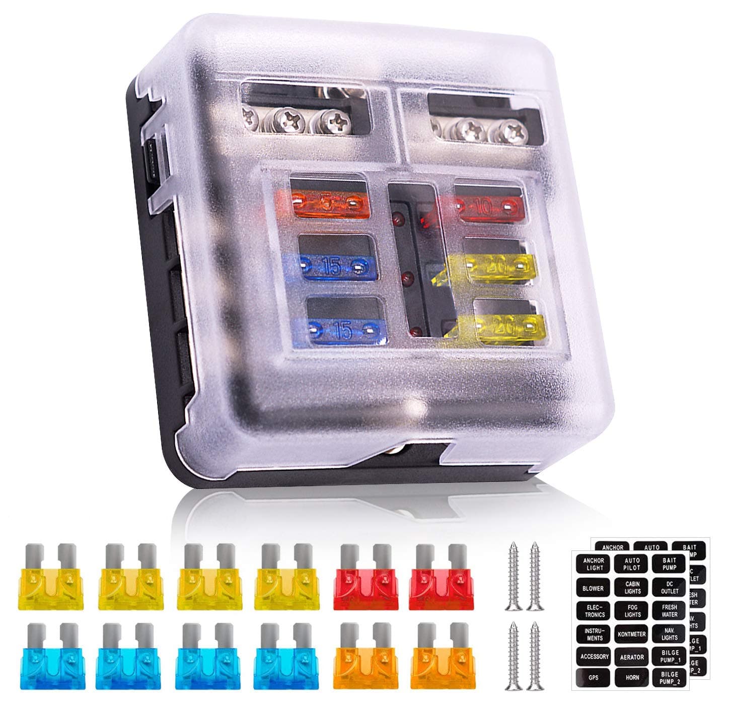 12V Fuse Box 6 Way 12 Volt Fuse Block ATO/ATC with LED Indicator Light Waterproof 24V for Marine Automotive Boat Car Truck