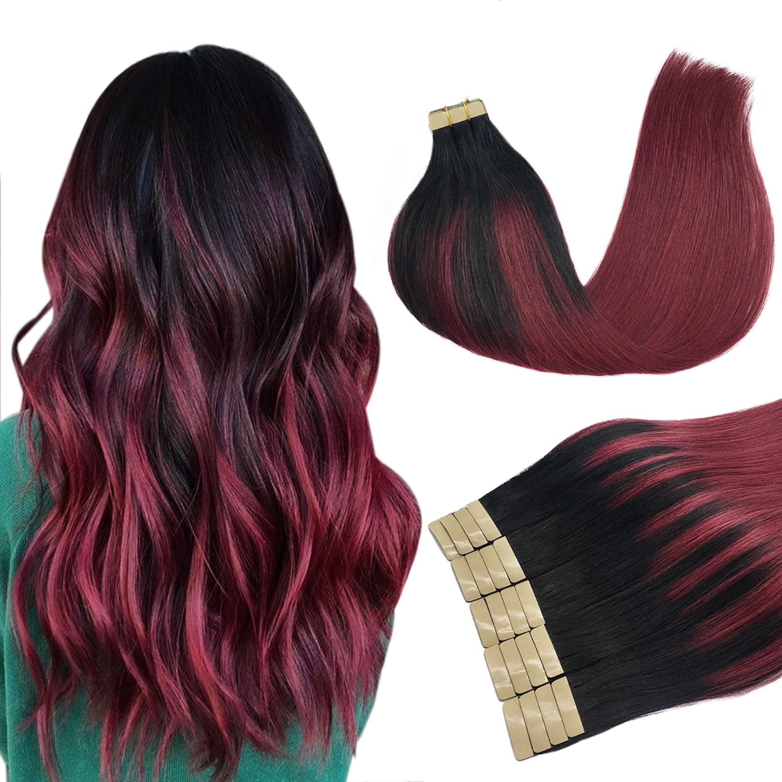 DOORES 18 Inch 50g Human Hair Extensions Tape in Remy Ombre Jet Black to Red Tape in Hair Extensions Human Hair Natural Hair Extensions Real Hair Glue in Extensions 20pcs