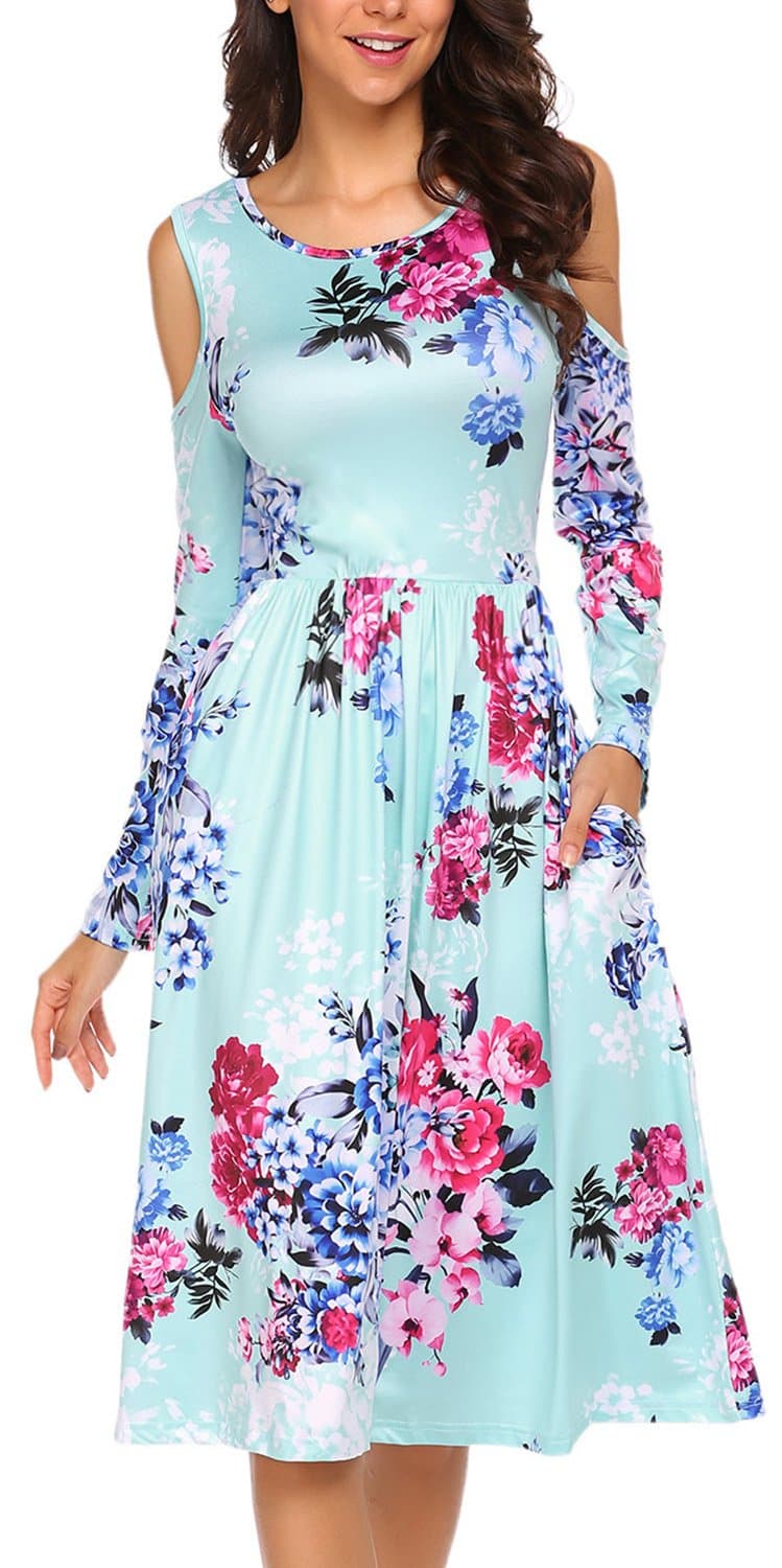 JQstar Women's Floral Print Cold Shoulder Casual Long Sleeve A-line Midi Dress(S, Green)