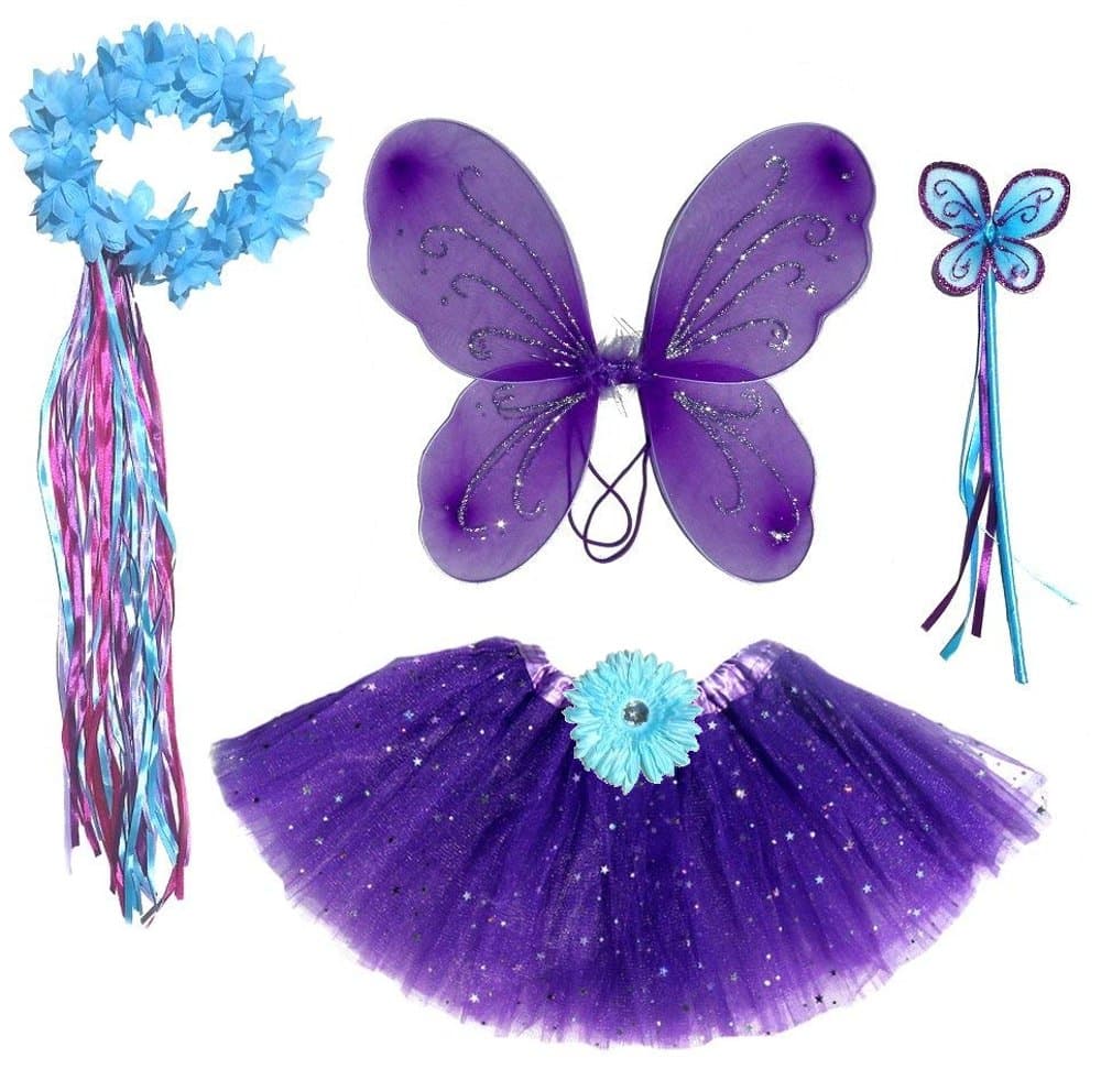Enchantly Girls Dark Purple & Teal Fairy Set with Wings, Fairy Wand and Satin Ribbon Halo