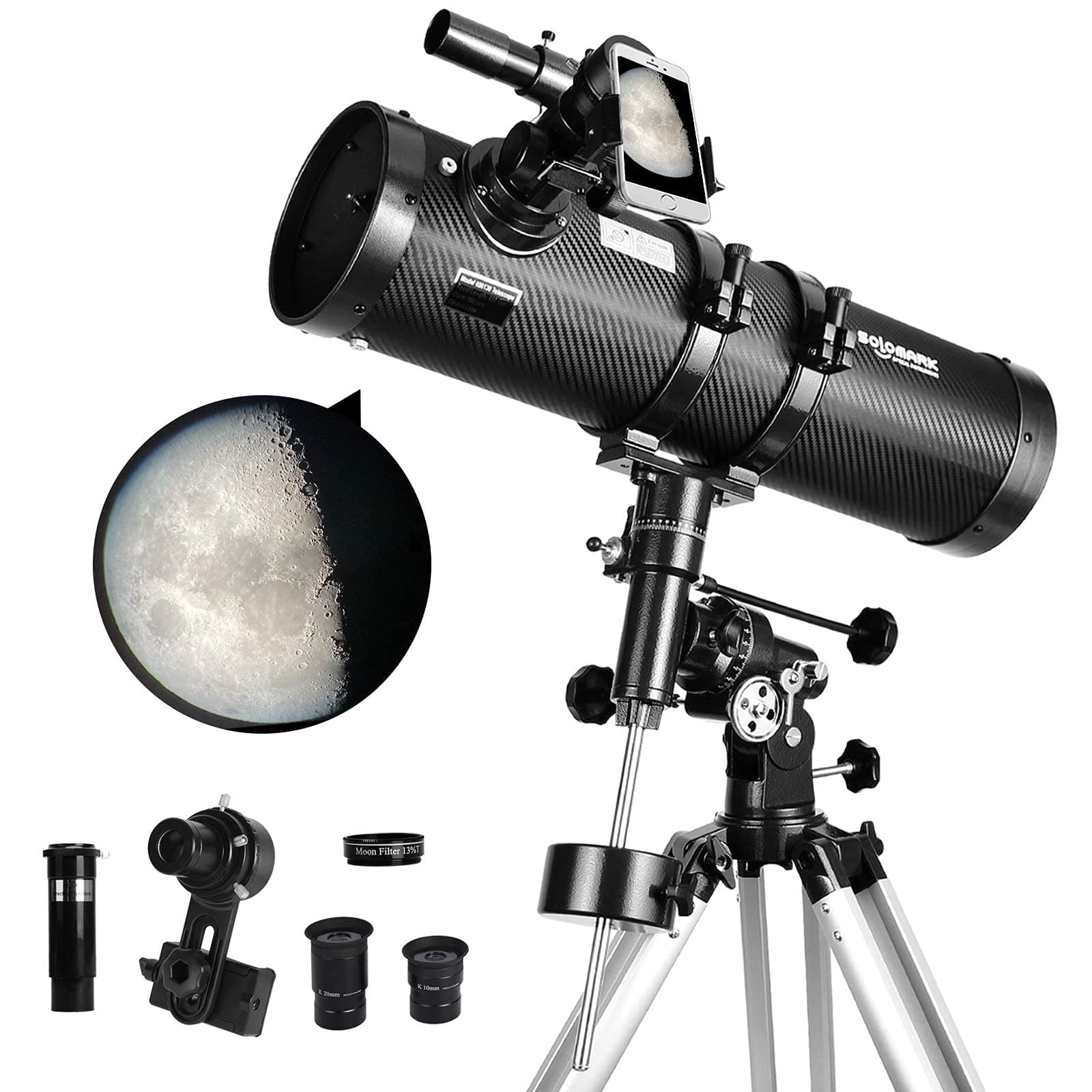 Telescope 130EQ Reflector Telescope Comes with Cellphone Mount (1.5X Barlow Lens in it) & 1.25 Inch 13 Percent Transmission Moon Filter