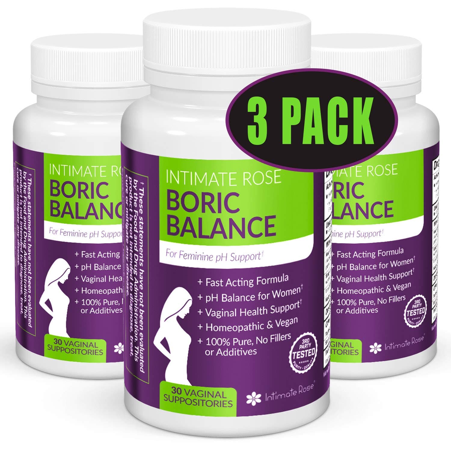 3 Pack Intimate Rose Boric Acid Suppositories - pH Balance for Women - Vaginal Suppository for Yeast Infection, Vaginitis, Bacterial Vaginosis, BV Treatment