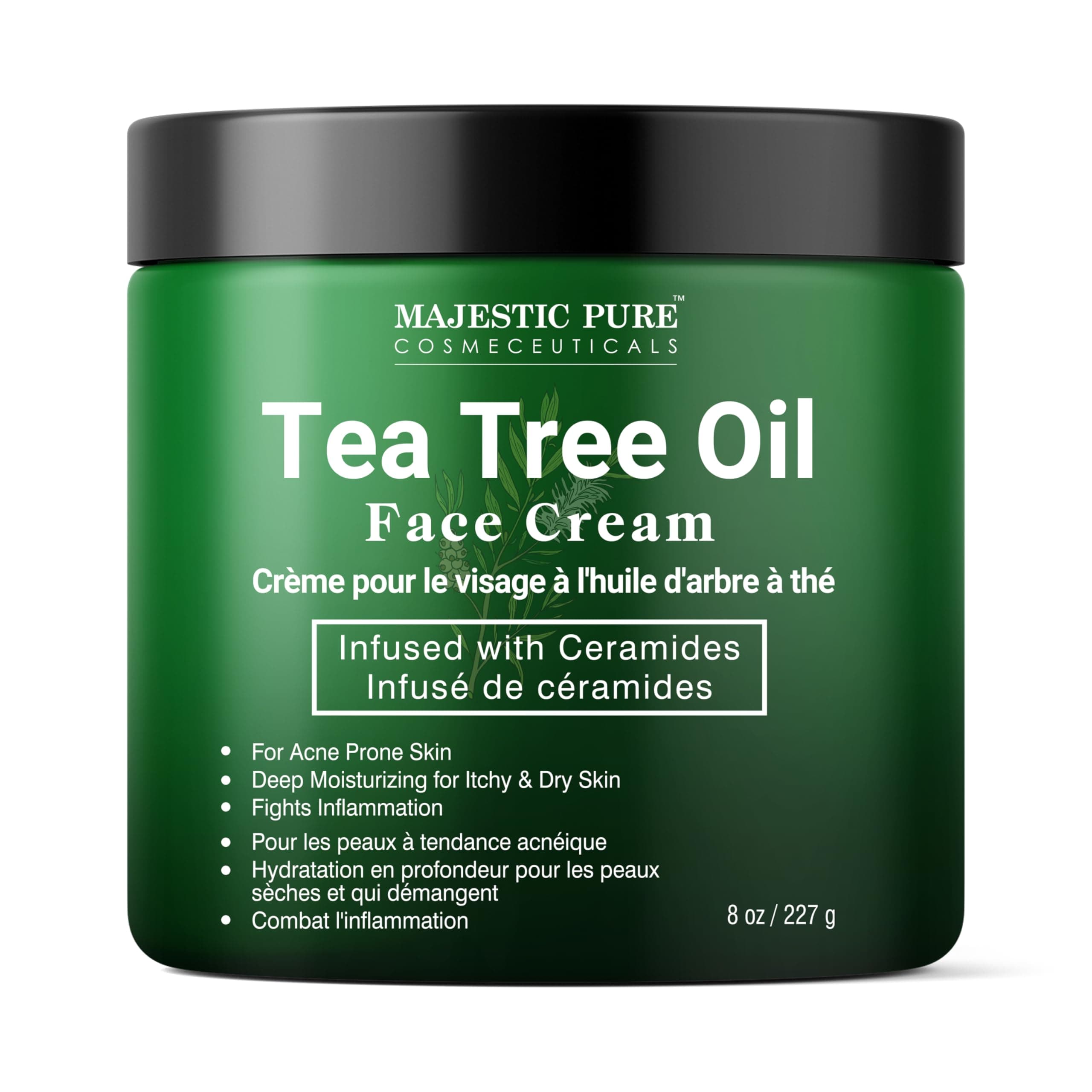 Tea Tree Oil Face Cream by Majestic Pure - Therapeutic Grade, Acne Scar Remover and Pimple Cream, Infused with Ceramides, Fights Acne and Soothes Acne Scars, Face Moisturizer, 8 oz