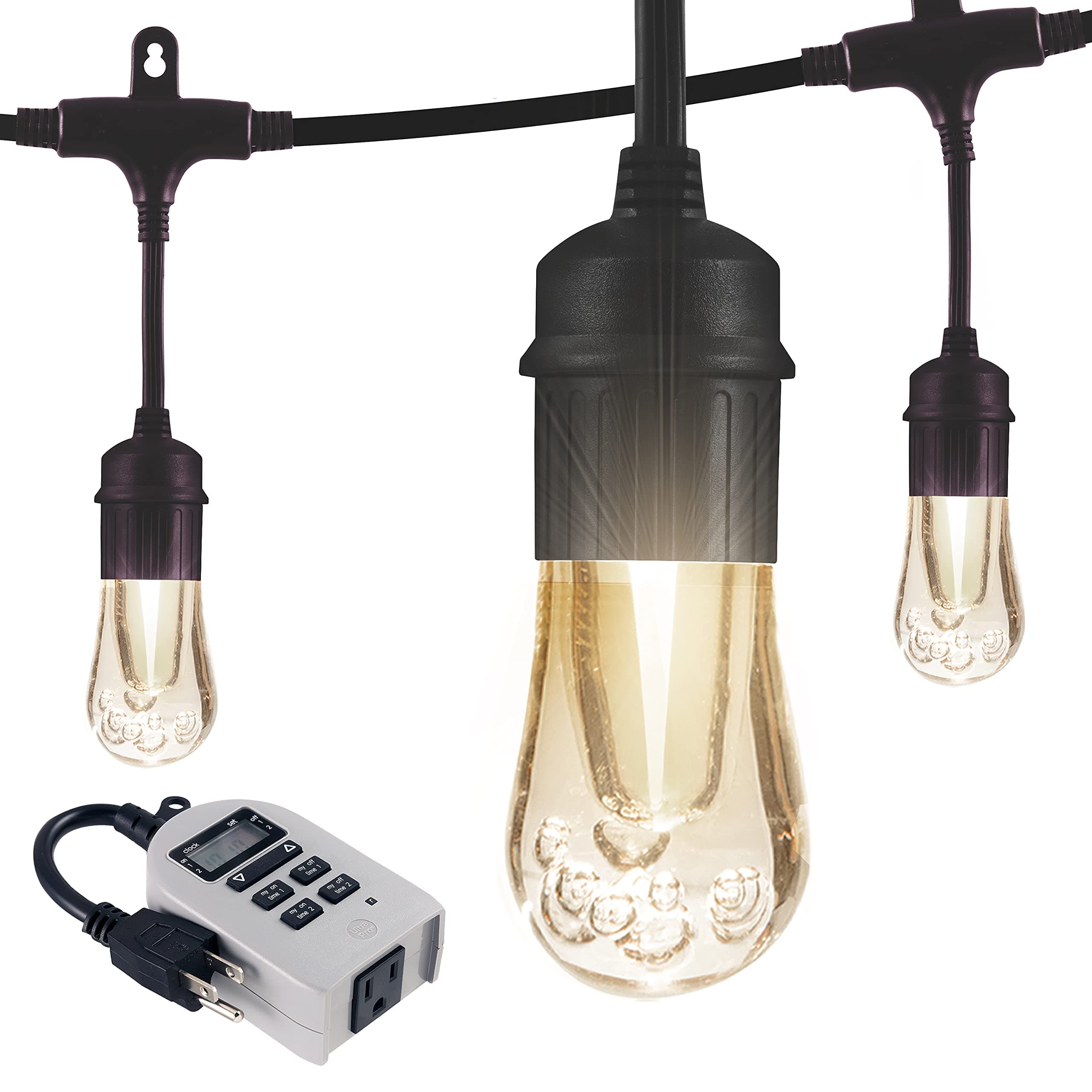 Enbrighten Vintage LED Café String Lights, 24ft, 12 Acrylic Bulbs, Indoor/Outdoor + UltraPro Simple Set Digital Timer, 1-Outlet Grounded
