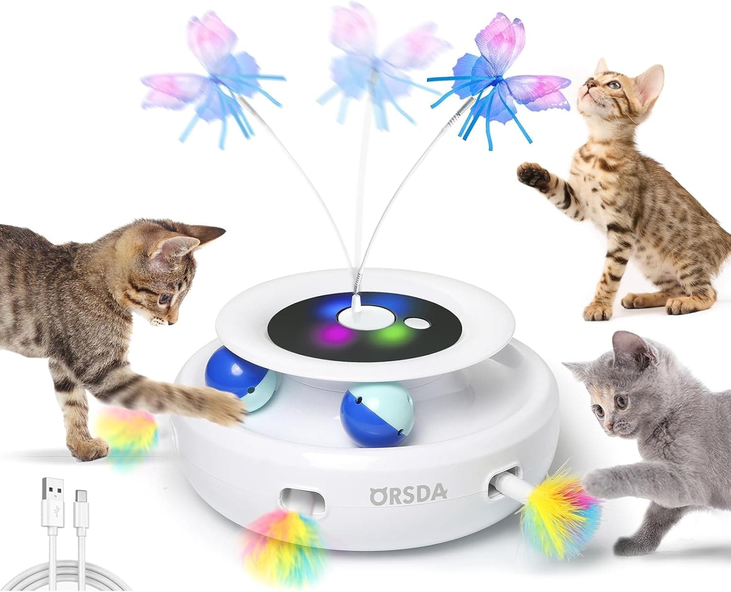 Cat Toy, 3-in-1 Automatic Interactive Electronic Moving Ambush Feather, Fluttering Butterfly, Track Balls, USB Rechargeable Powered Smart Indoor Exercise Kicker