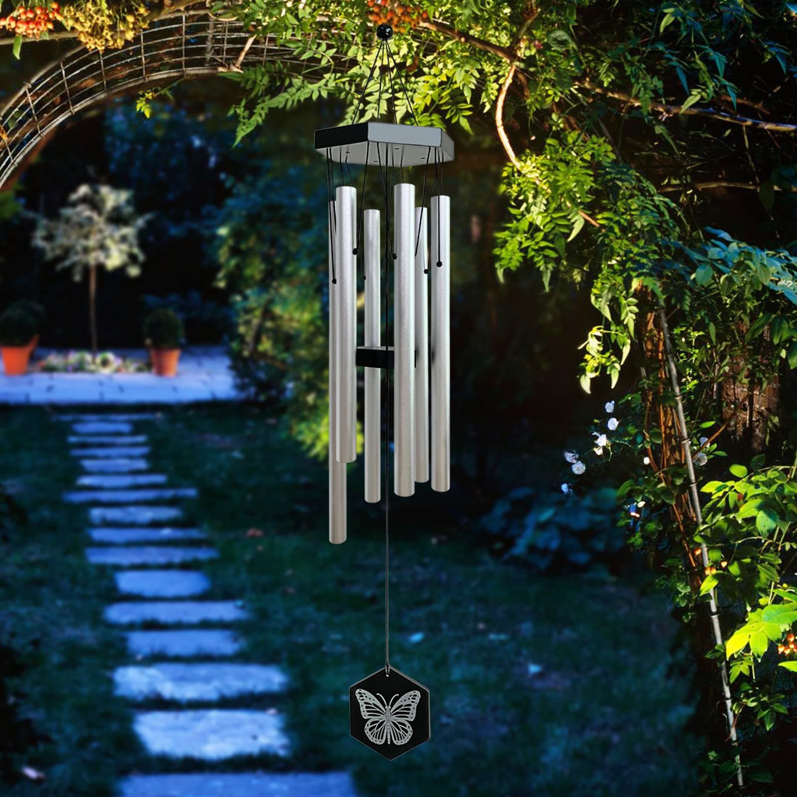 Hand Tuned Wind Chime, Durable Wonderful 6 Aluminum Tubes, Perfect Decor for Garden Patio Balcony Outdoor & Indoor, Silver -33" Long