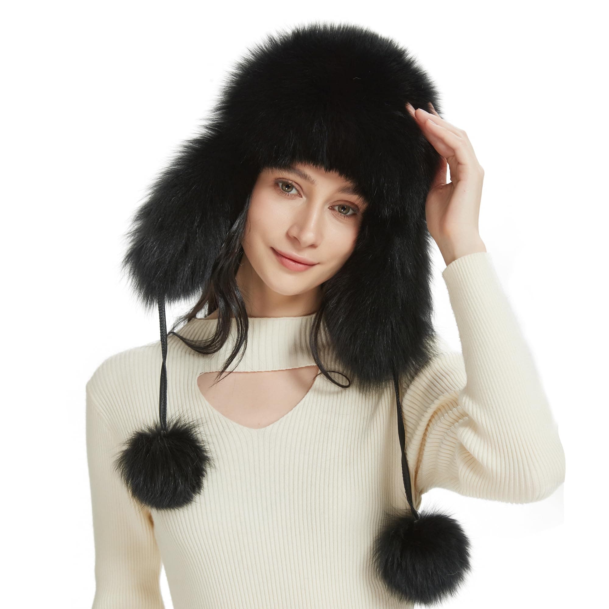 Fur StoryWomen Real Fur Trapper Hat Sheepskin Leather Aviator Hat Ear Flaps Ushanka Hat Snow Hat with Pom Pom
