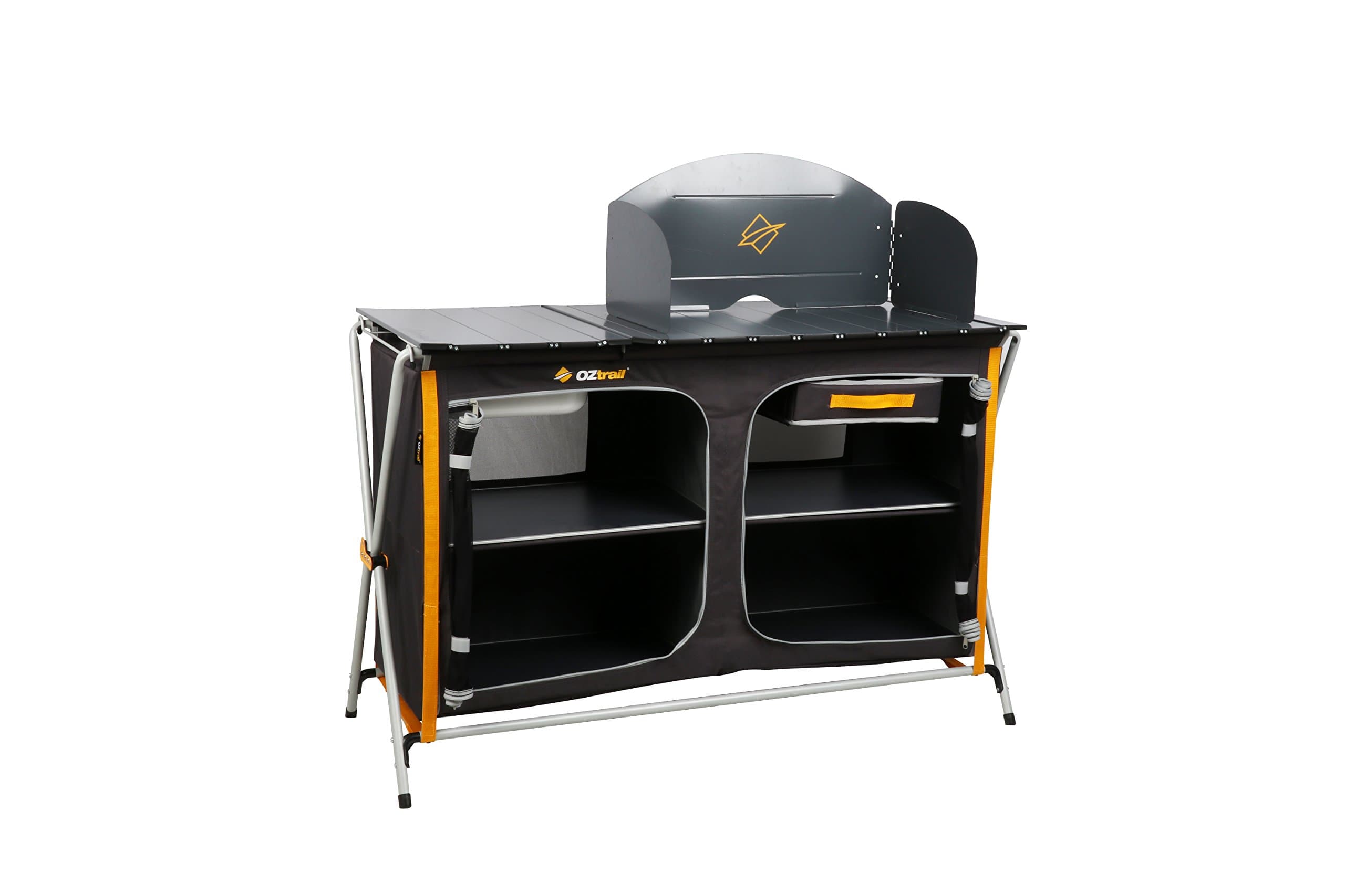 OZtrail - Camp Kitchen Deluxe with Sink FKA-CKDSK-C 121x51x81/113cm 11.5kg compact storage, Removable/folding windbreak included. Basecamp kitchen, cooking box, kitchen closet