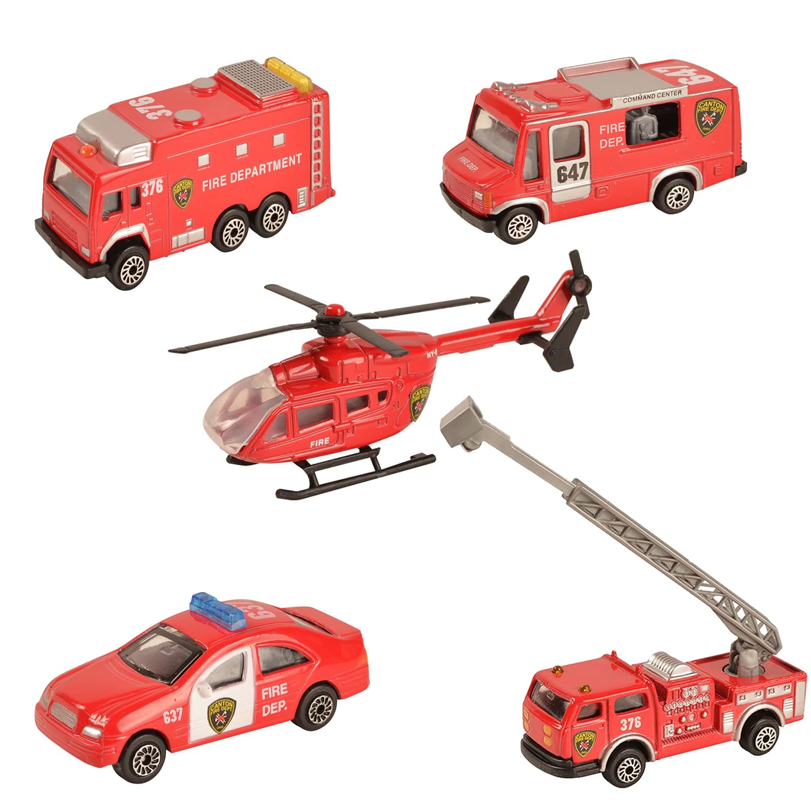 BOHS Fire Department Rescue Vehicles- Die-cast Mini Metal Miniature Car - Aerial Ladder Fire Trucks, Rescue Helicopter, Water Tank Fire Engine,Patrol Car,Commander Center (5 pcs)