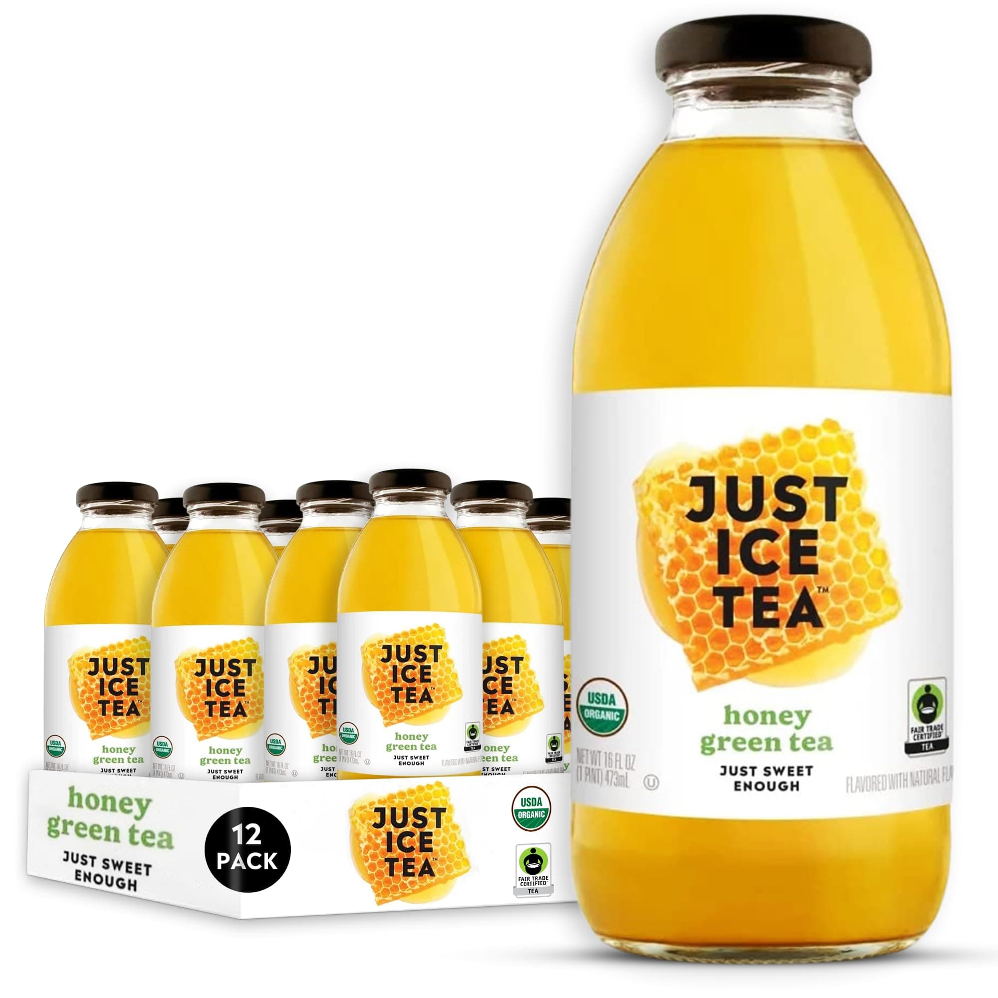 Just Ice Tea Organic Iced Tea, 16 Fl Oz Glass Bottles (Honey Green Tea, Pack of 12)