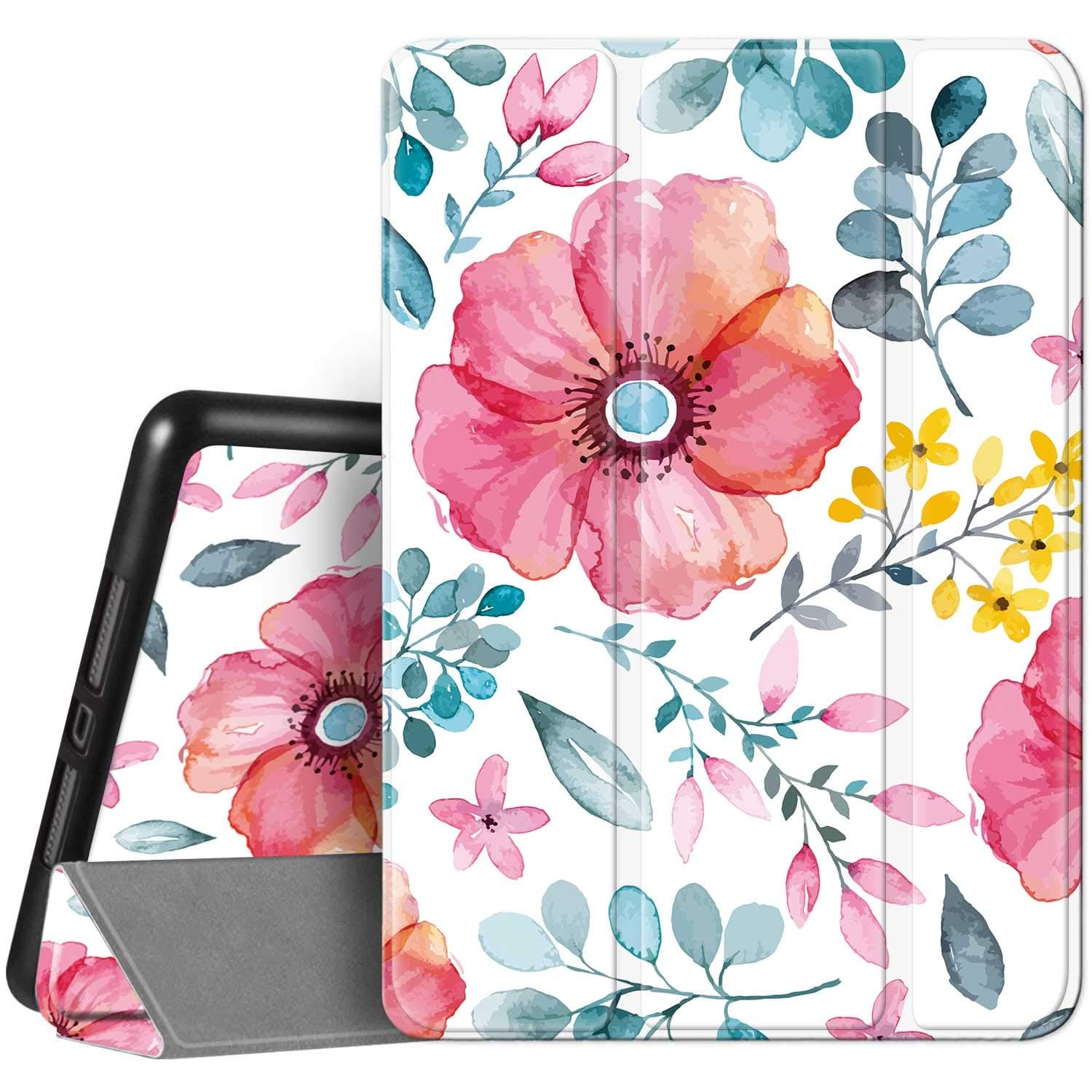 Hi Space for iPad 9th 8th 7th Generation Case for iPad 10.2 Case Flower 2021 2020 2019 with Pencil Holder, Floral White Slim Protective Shockproof Cover Auto Sleep Wake for A2270 A2428 A2429 A2197