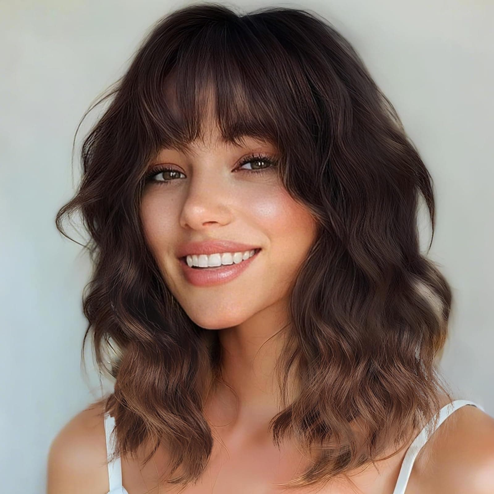 Short Wig with Bangs Ombre Brown Wavy Wig for Women Natural Looking Synthetic 14 Inch Bob Hair for Daily Cosplay Party Use