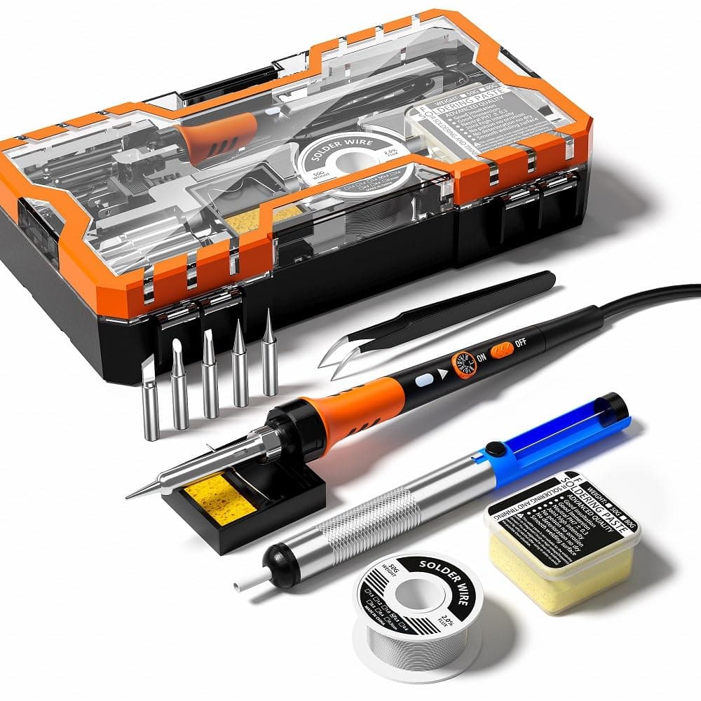 Solder Iron Premium Kit, 60W Soldering Gun with Ceramic Heater, 12-in-1 Tool, Adjustable Temperature 200 to 450°C, Includes Tip, Wire, Pump and Paste