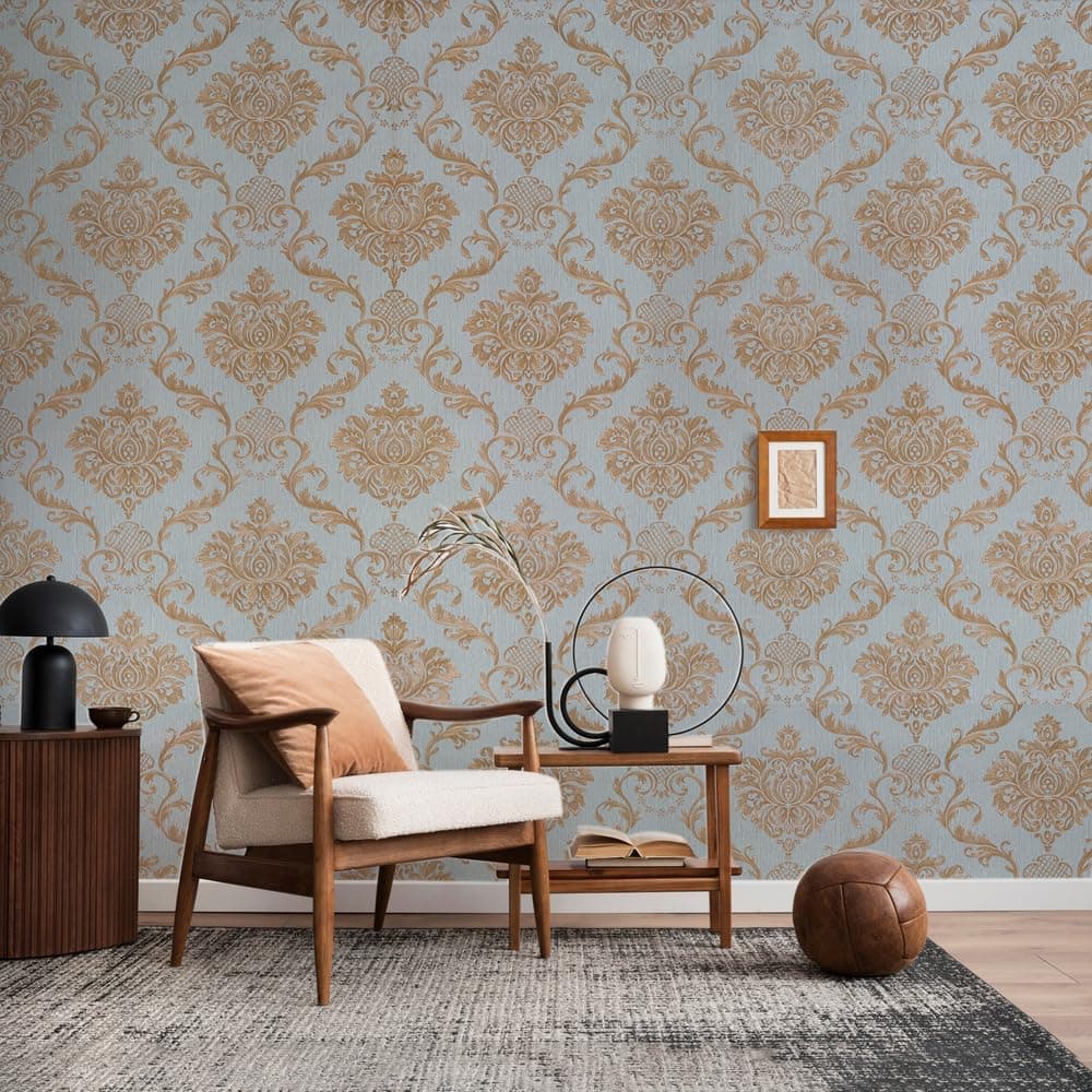 Eurotex Textured PVC Coated 3D Design Damask Wallpapers Home Decoration (PVC Coated Paper, Size 21inch x 33 ft, roll 57 Sqft Aquamarine) 6245