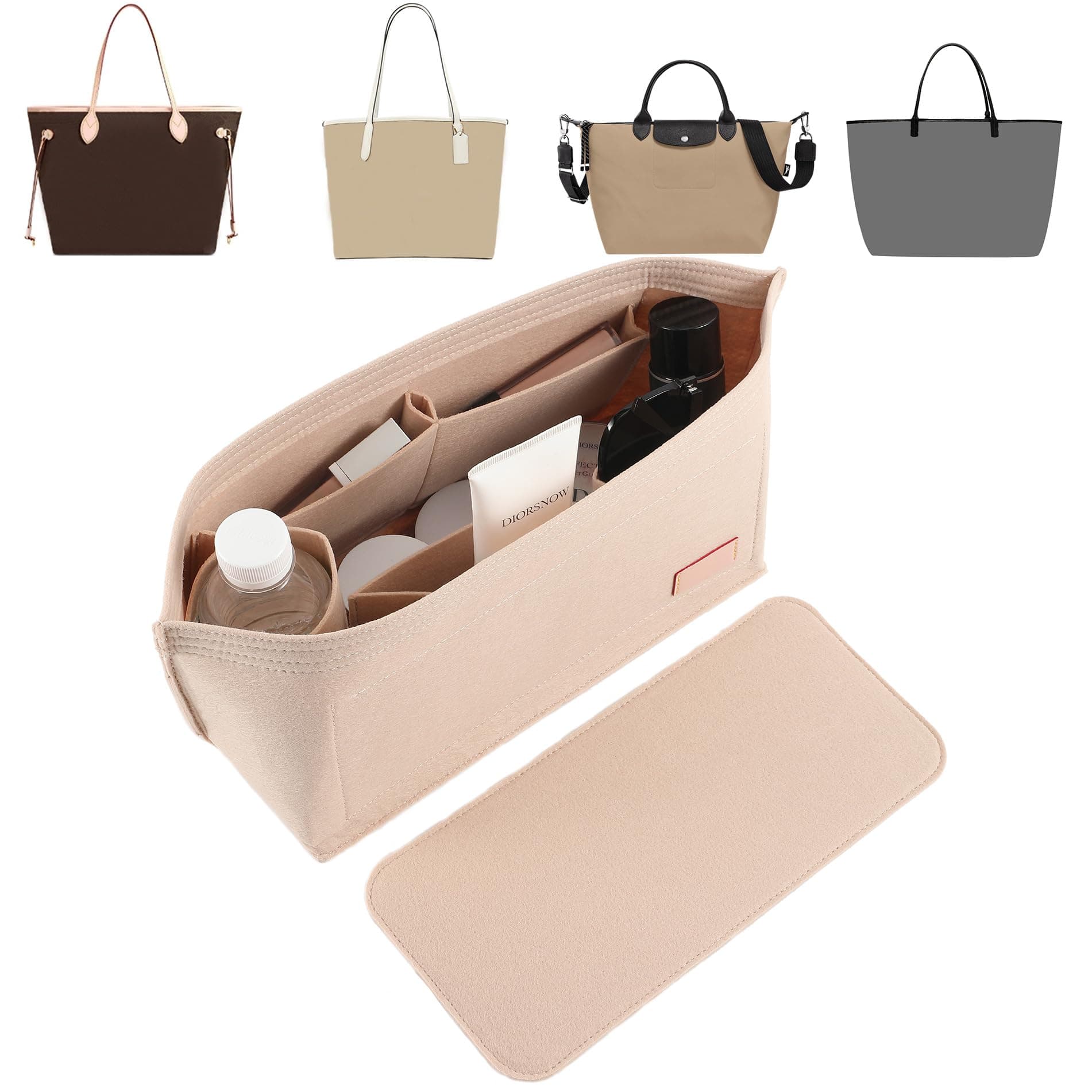 Doxo Purse Organizer Insert for Handbags & Base Shaper 2pc Set,Felt Organizer Insert Large Tote,Bag Organizer with Zipper 3 Sizes,Fit Speedy Neverfull MM and More(Beige-L-Combination)