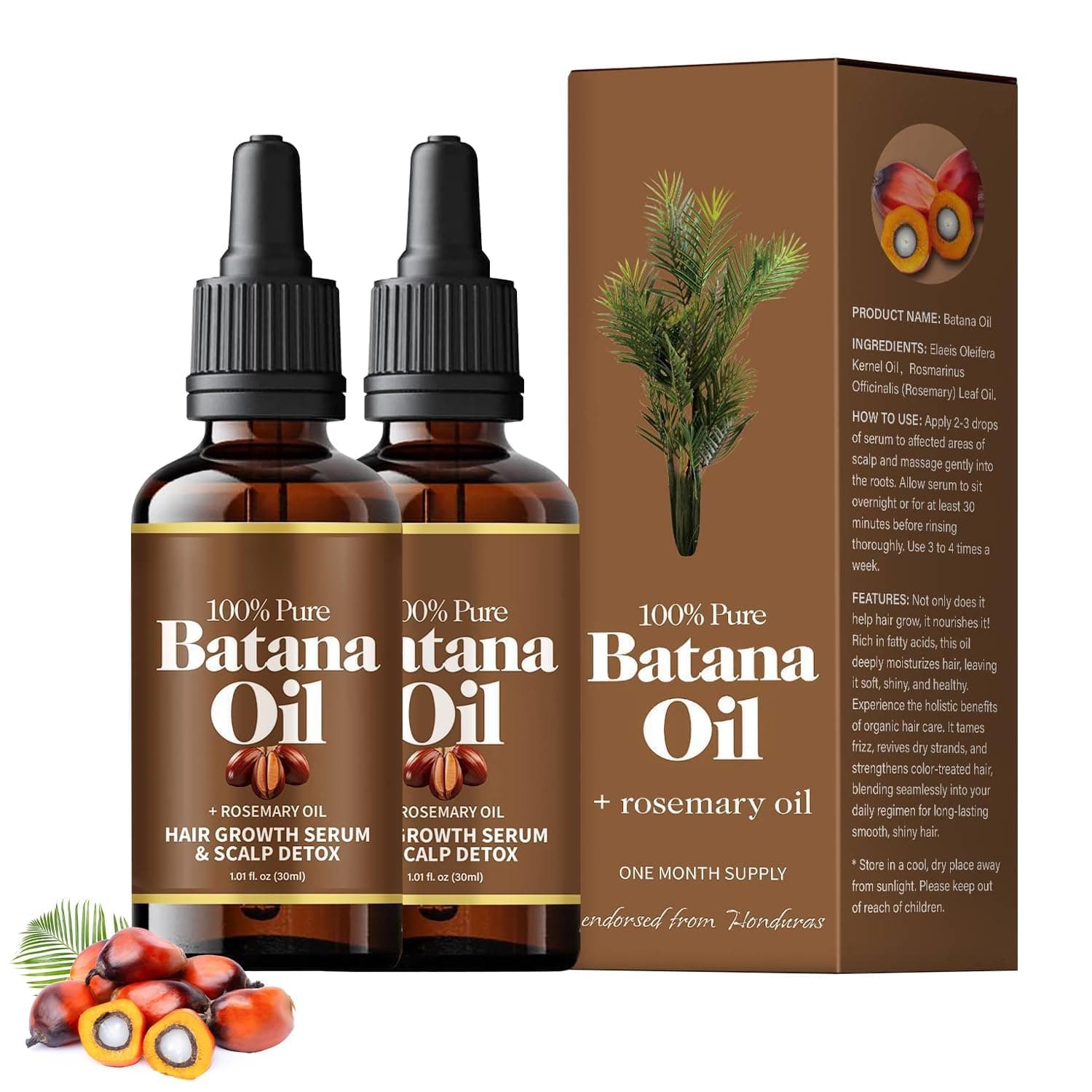 Kioma Batana Oil with Rosemary for Hair Growth, 100% Organic, Nourishes All Hair Types, Women & Men (2x30ml)