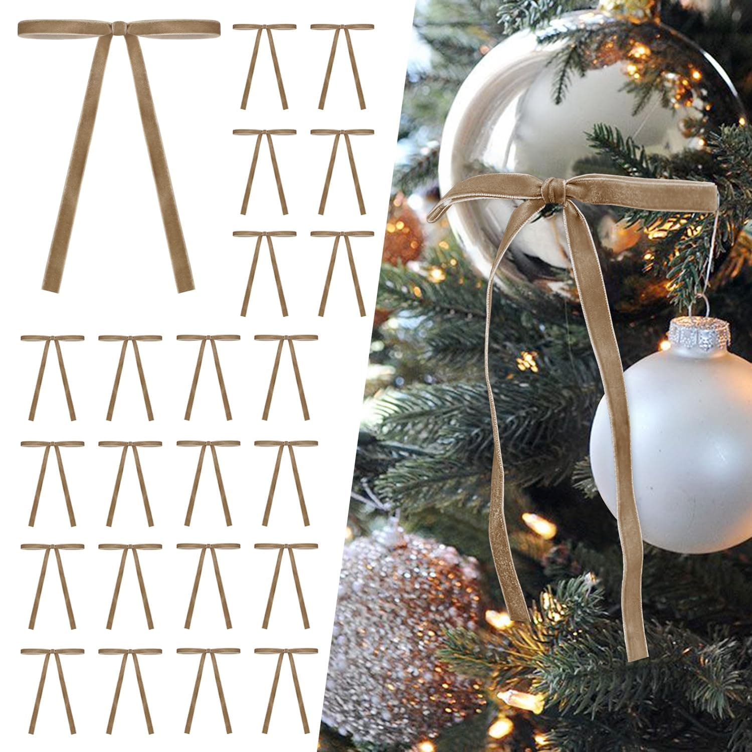 SIMISI RIBBON 24Pcs Khaki Christmas Velvet Ribbon Bows Decorations Xmas Ornaments Vintage Decor for Tree, Wreath, Garland (3/8'' Width, 5 * 7 inch)