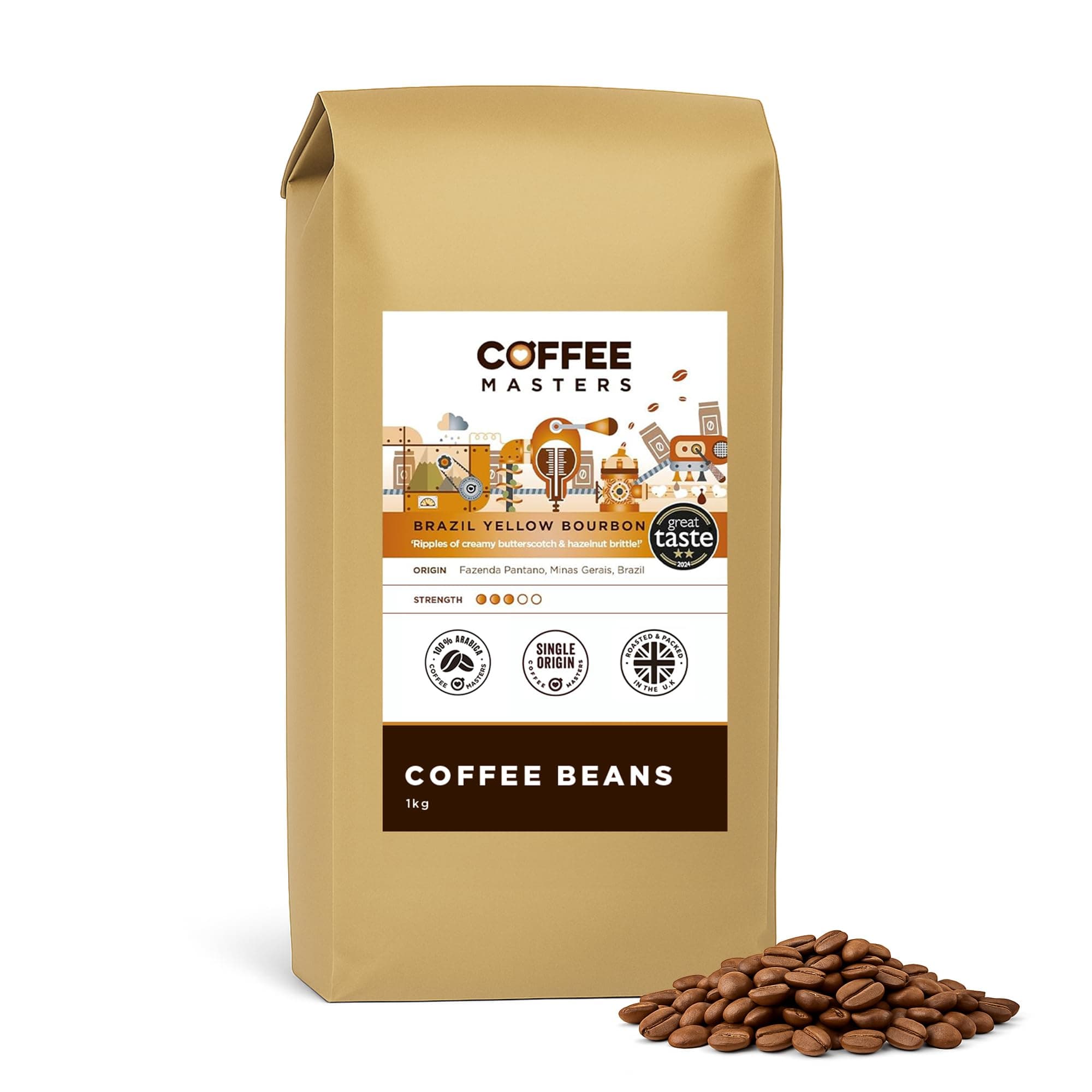 Coffee Masters Brazil Yellow Bourbon Coffee Beans 1kg - Single Origin 100% Arabica, Heavy Bodied Creamy Espresso - Brazilian Bean for Barista Machines - Great Taste Award Winner 2024
