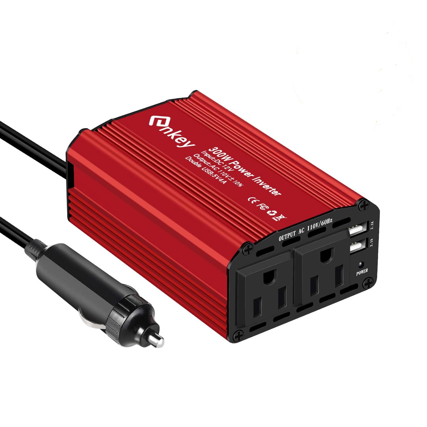 Enkey 300W Power Inverter DC 12V to 110V AC Car Inverter with 4.2A Dual USB Car Adapter Red