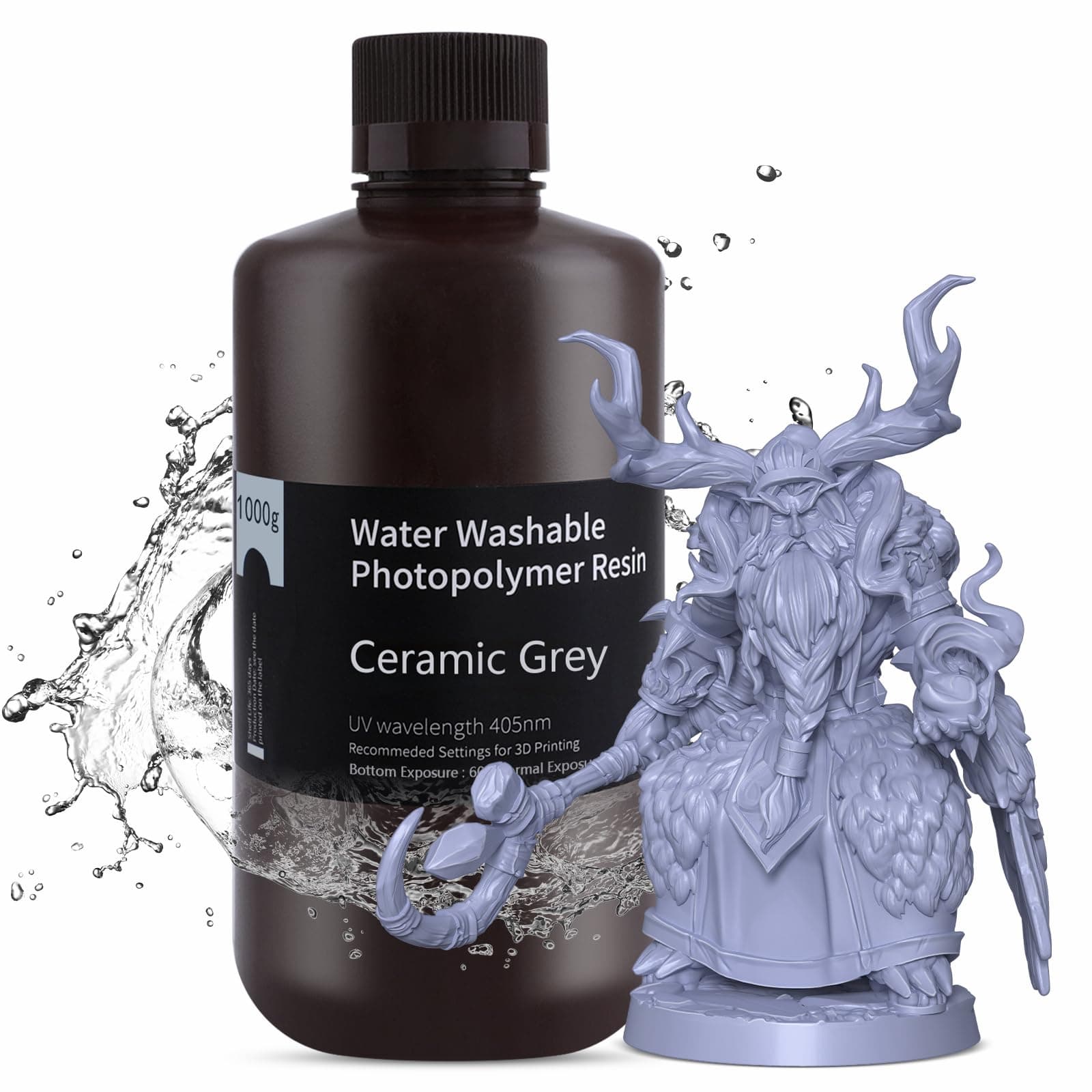 ELEGOO Water Washable 3D Printer Resin, 405nm Rapid UV Curing Standard Photopolymer Resin, Easy to Clean, High Precision 3D Water Wash Resin for LCD/MSLA/DLP 3D Printer Printing, Grey 1000g