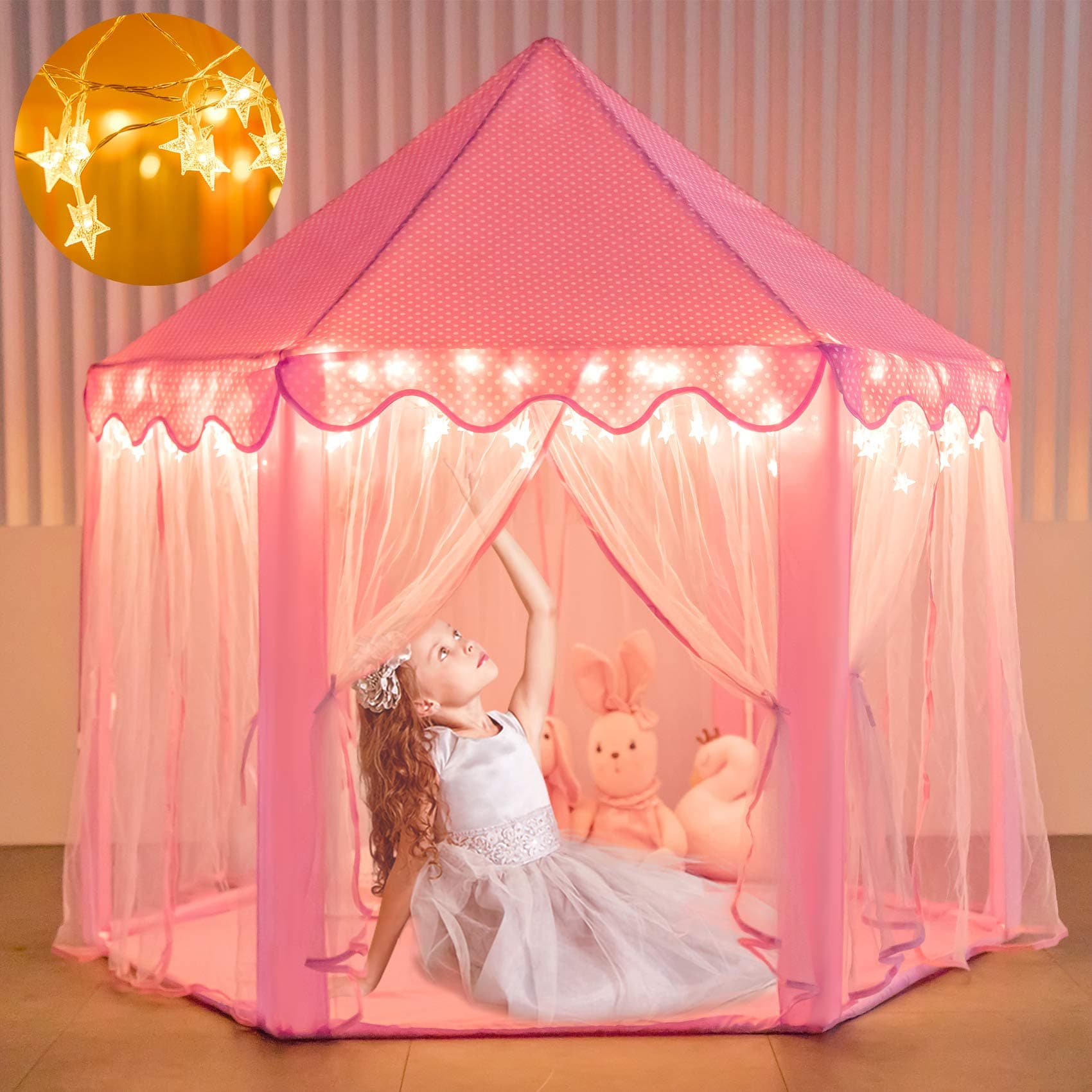 MoncolandPrincess Castle Girls Play Tent Toy, Kids Large Fairy Playhouse Tent with Star Lights, Gift for Children Toddlers Indoor and Outdoor Games