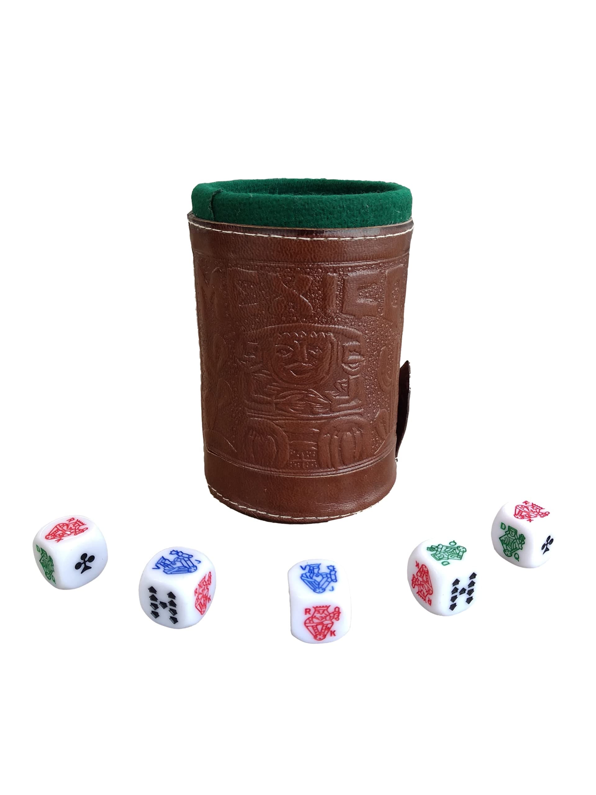 Marquez Poker Dice Game Set with Leather Lined Cup (Cubilete), Brown, 3.1'' W x 3.5'' H, 5 Dice, Ages 72+ (Spanish)