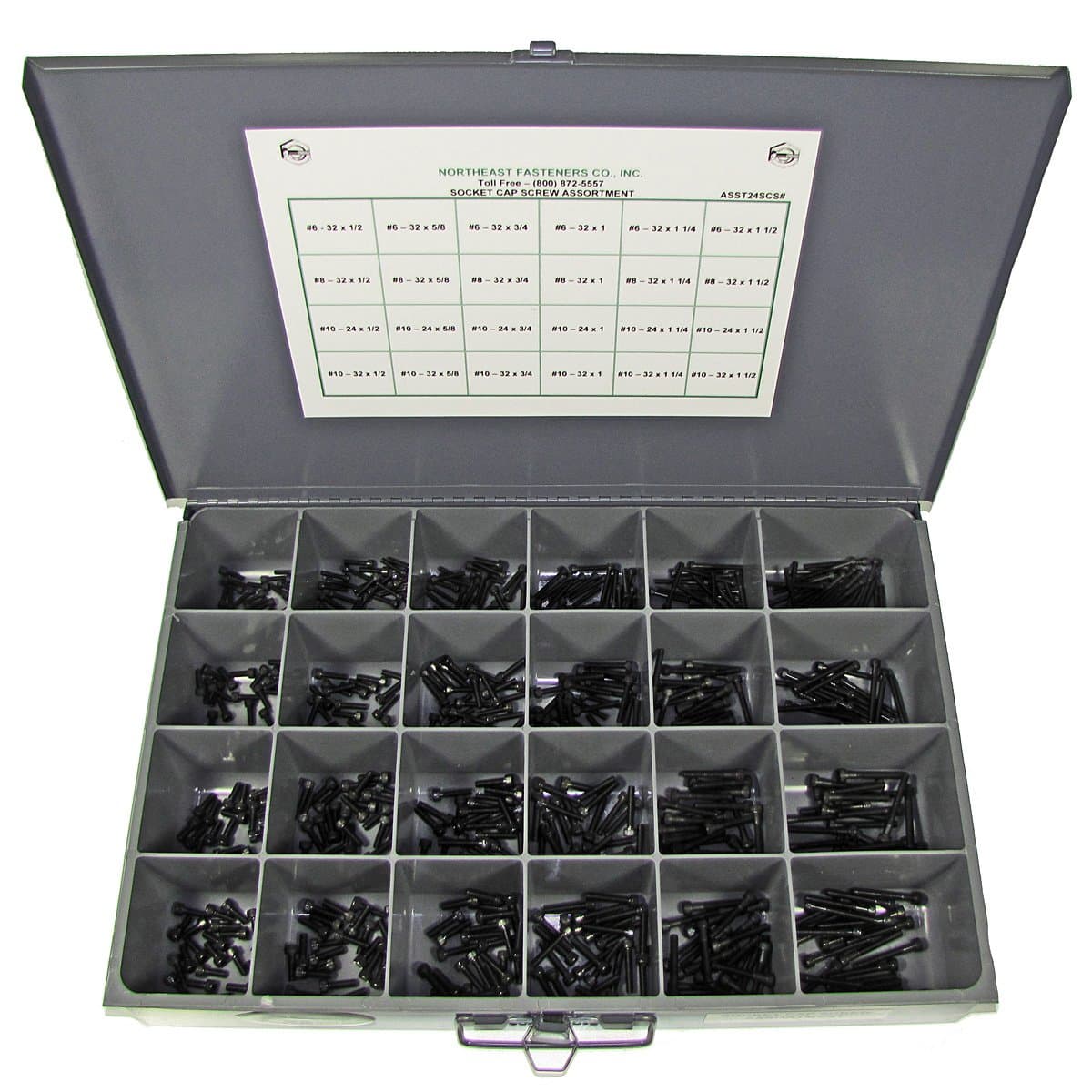 Socket Head Cap Screw Assortment, Coarse Thread (USS), Smaller Diameters, 24 Hole Storage Bin, 600 Pieces