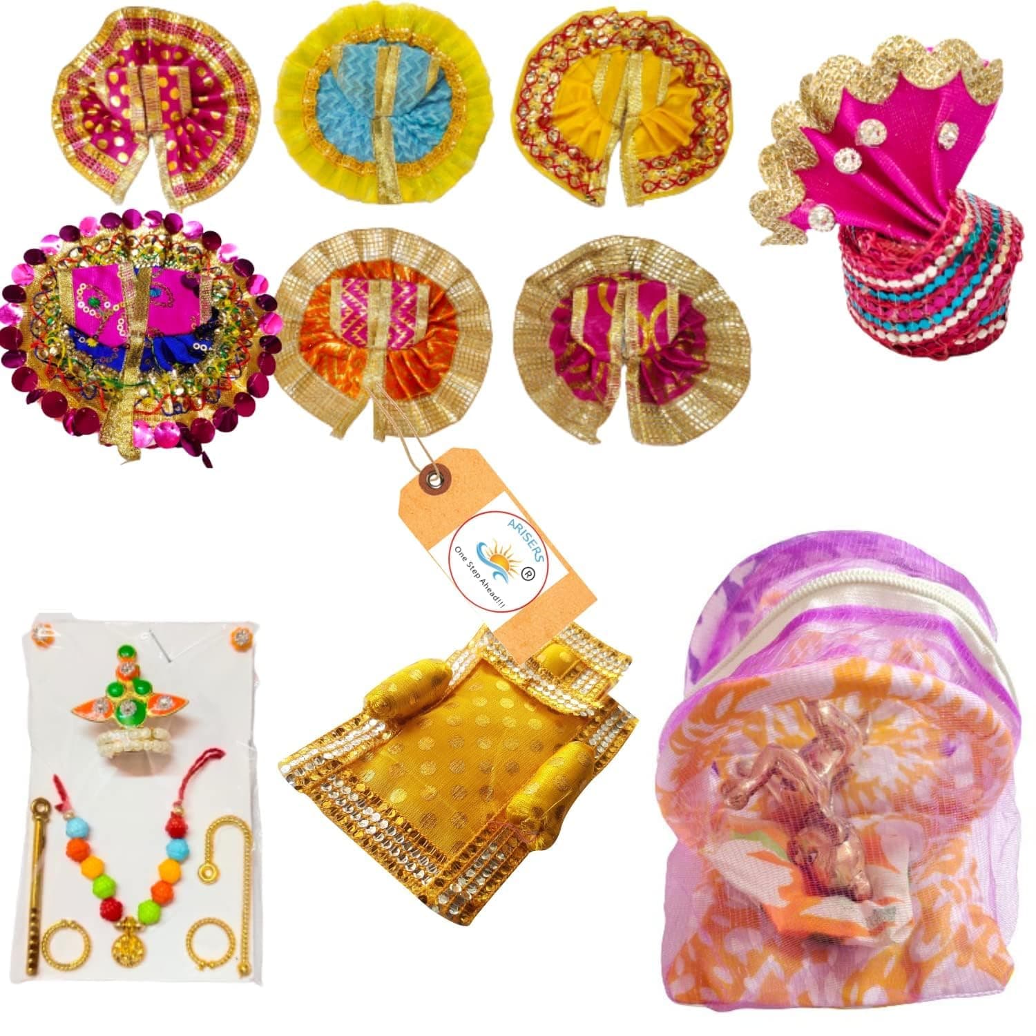 ARISERS Combo of 6 Laddu Gopal Dress, Kanha Ji, Laddu Gopal, Thakur ji Poshak and Include Accessories 1 Jewelry Set and 1 Pagdi, Size (1 to 2no.) 1 Mosquito Net, 1 Assan Bed