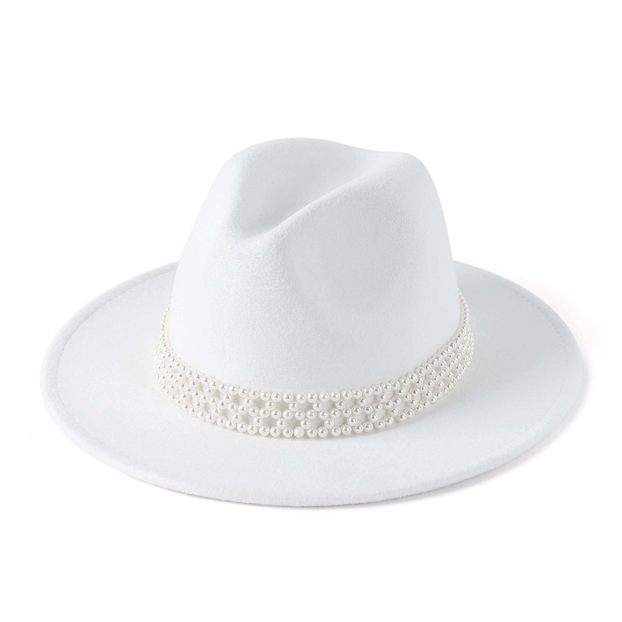 Womens Wide Brim Fedora Hat with Pearl Band Lady Panama Hat