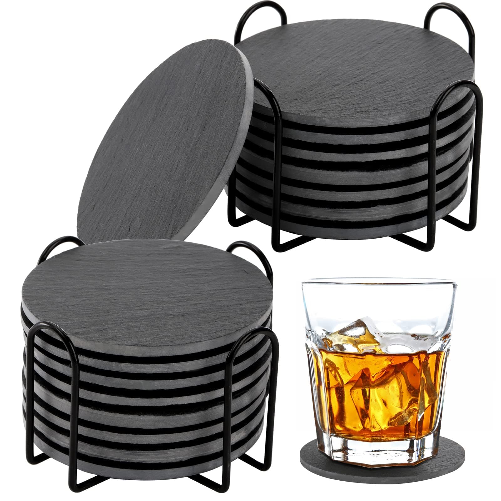 16PCS Slate Drink Coasters, 4 Inch Round Black Stone Coasters, Drink Coasters with Holders, Rustic Rock Black Marble Coasters for Bar, Kitchen, Coffee Table Decor, Housewarming, Gifts