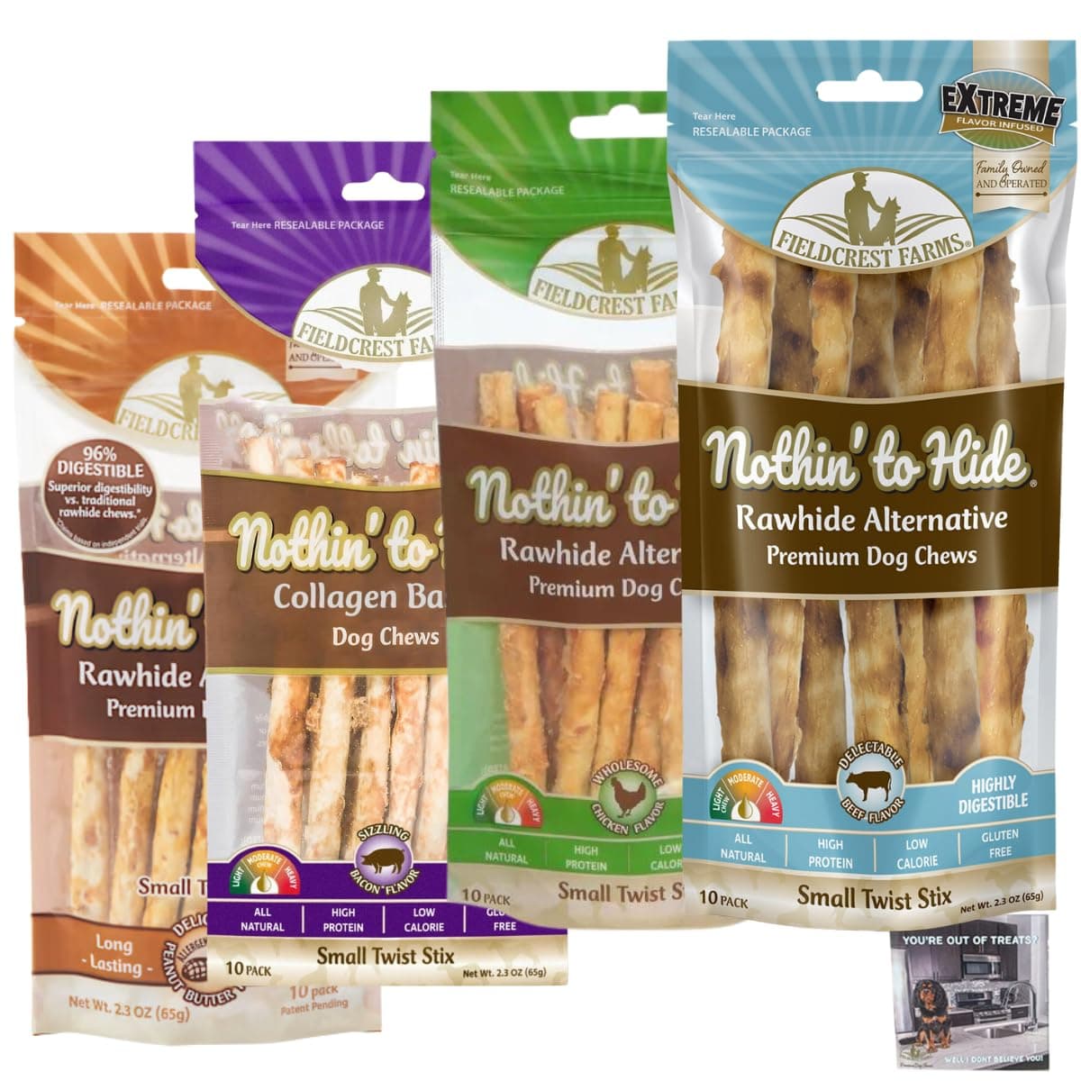 Nothing to Hide Natural Rawhide Alternative Twist Stix for Dogs - 4 Pack (40 Sticks) Premium Grade Easily Digestible Chews - Great for Dental Health (4 Pack Variety, Small Stix)