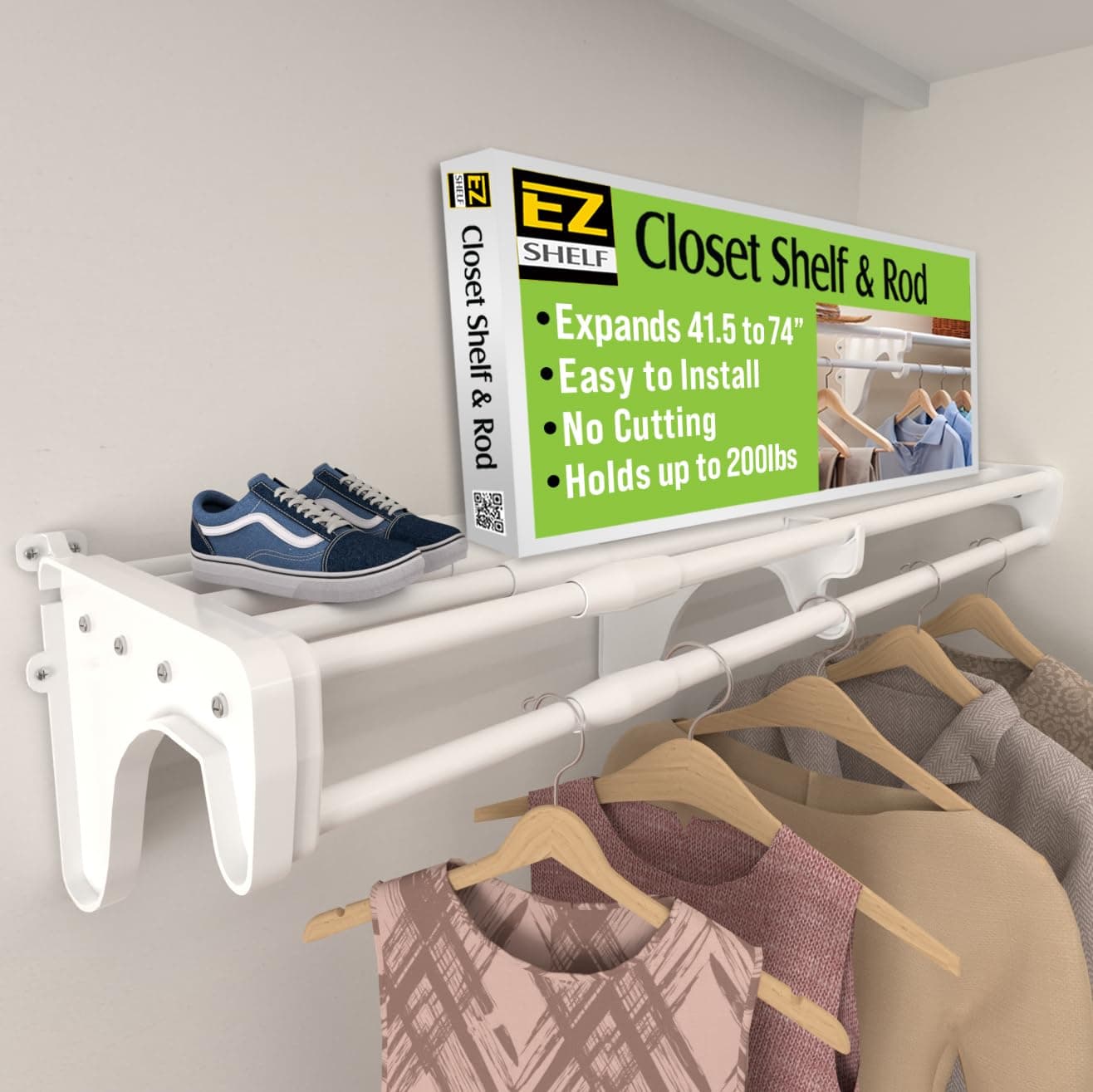 EZ Shelf - Expandable Closet Shelf with Hanging Rod - 41.5" to 74" Closet Shelves Expand - 200 lb Capacity, White - Quick Install Wire Closet Shelving Alternative - Between 1 Side Wall and Back Wall