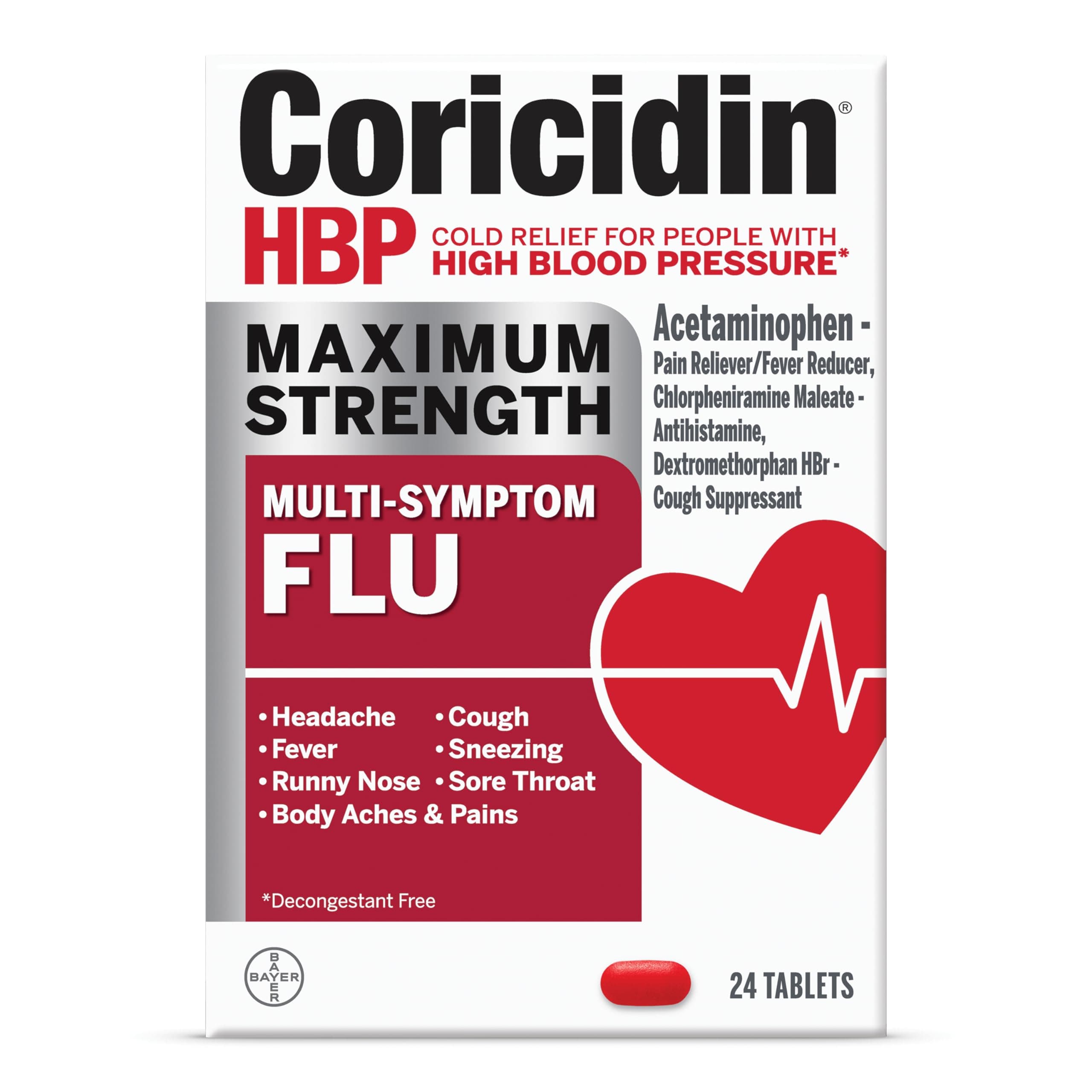 Coricidin Hbp, Decongestant-free Maximum Strength Multi-symptom Flu Tablets, 24 Count