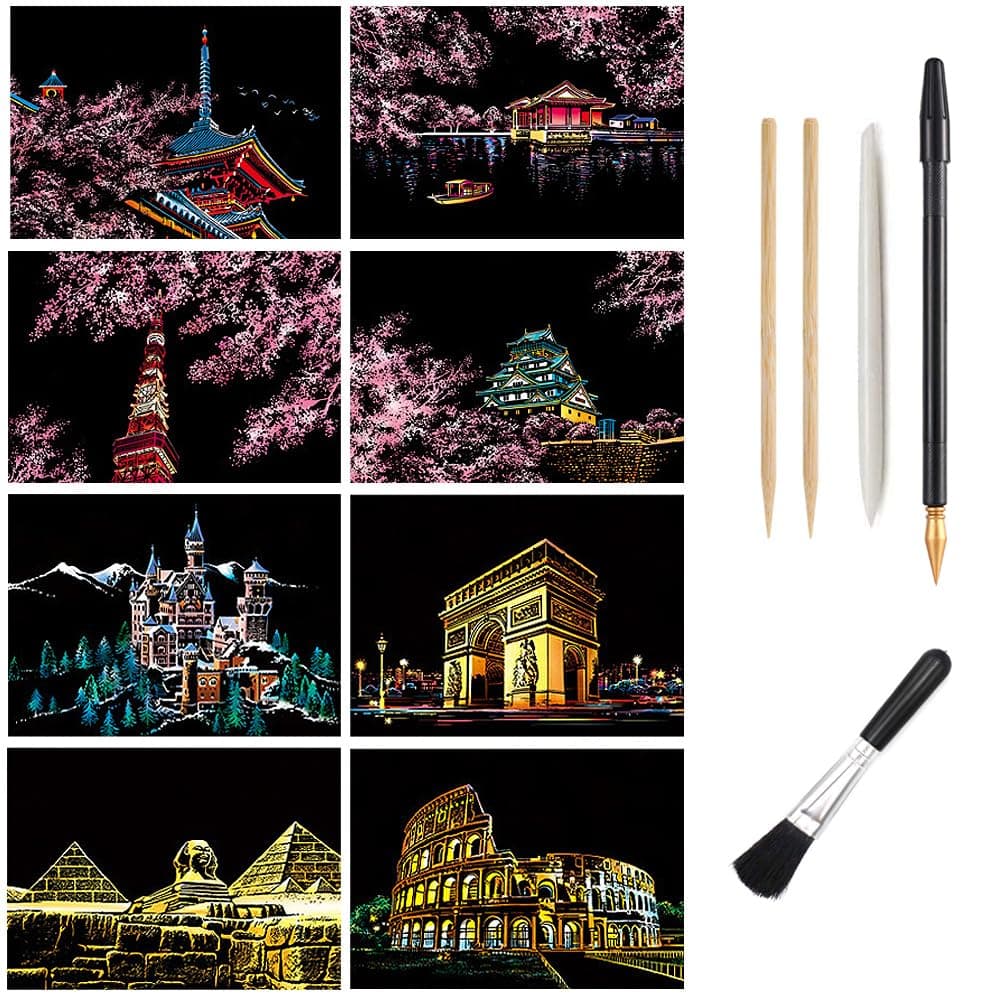 Scratch Art Paper, Rainbow Night View Scratchboard for Adults & Kids, Mini Envelope Postcard Art & Crafts Set: 8 Sheets Scratch Cards & Scratch Drawing Pen, Brush 7.9"x5.5" (Building / Cherry Blossom)