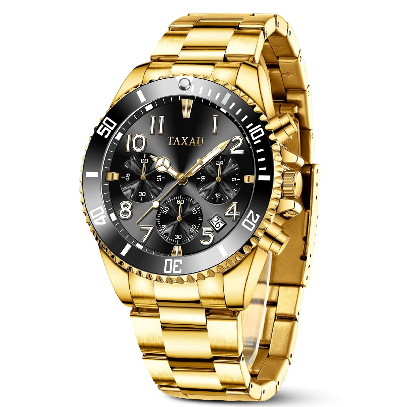 TaxauChronograph Watches for Men, Big Face Easy to Read Men's Dress Watches with Date, Luxury Large Wrist Gold Silver Tone Waterproof Arabic Numerals Stainless Steel Analog Quartz Watches for Men