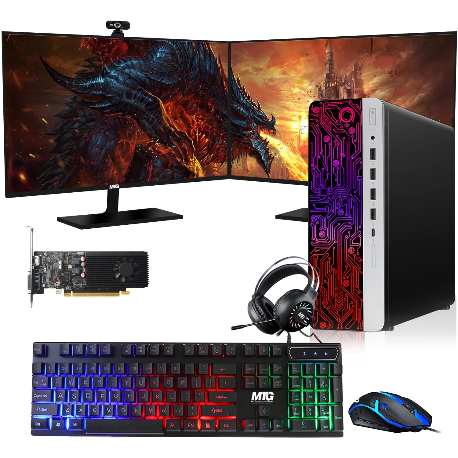 TechMagnet HP G3 Gaming Desktop PC, Intel Core i7 6th Gen, GT 1030 Graphics, 16GB RAM, 240GB SSD | 2TB HDD, RGB Keyboard Mouse, RGB Headphone, Webcam, Dual 27 inch Monitor Windows 11 Pro (Renewed)