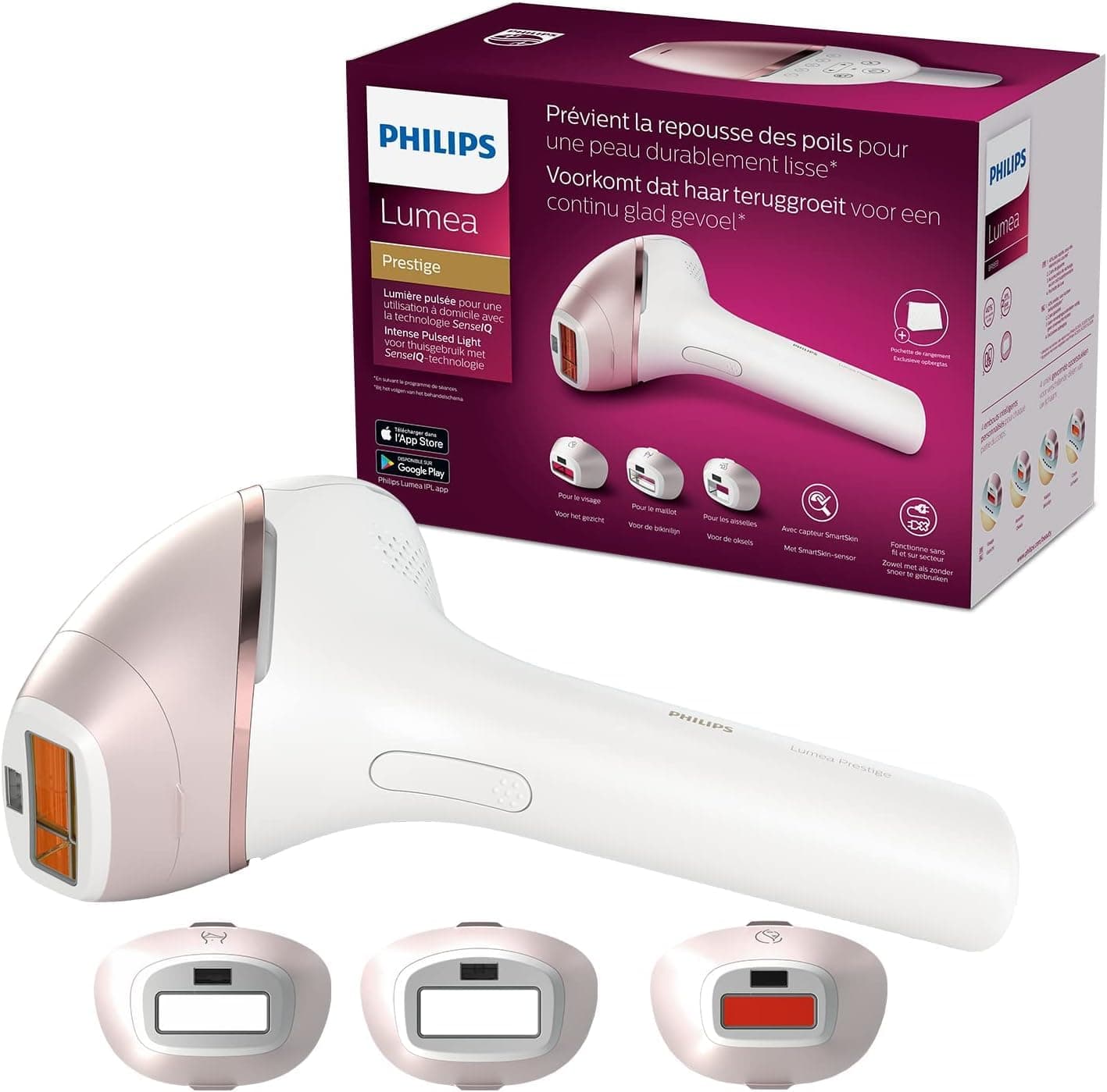Philips Lumea Prestige IPL BRI959 Light-based cordless hair removal for smooth, long-lasting skin, includes 4 special heads for body, face, bikini area and underarms