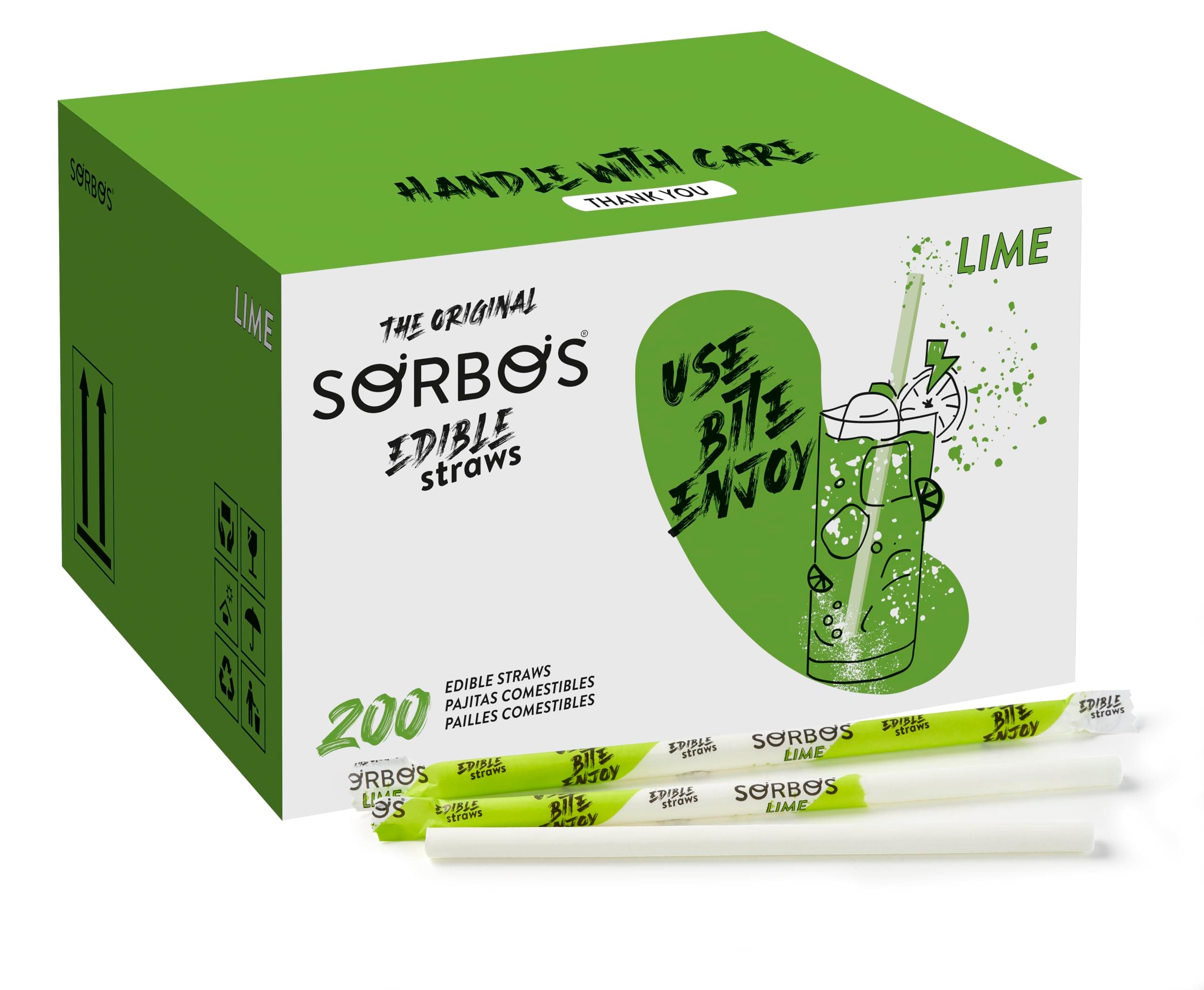 SORBOSEdible Straws Lime. Sustainable, Individually Packaged, allergen Free, Gluten Free, 100% Biodegradable (Pack of 200)