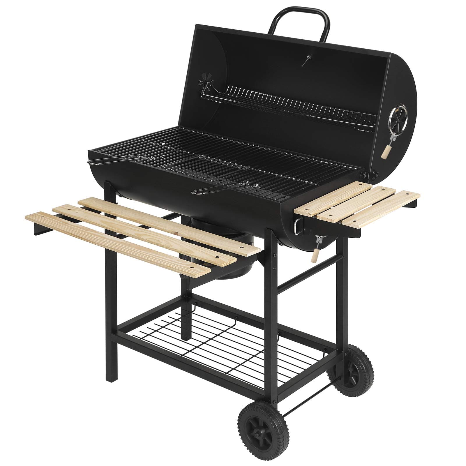 Large Charcoal Trolley Barrel BBQ Barbecue Grill Big Garden Outdoor Cooking Patio With Heat Indicator Wheels Wooden shelves Smoker