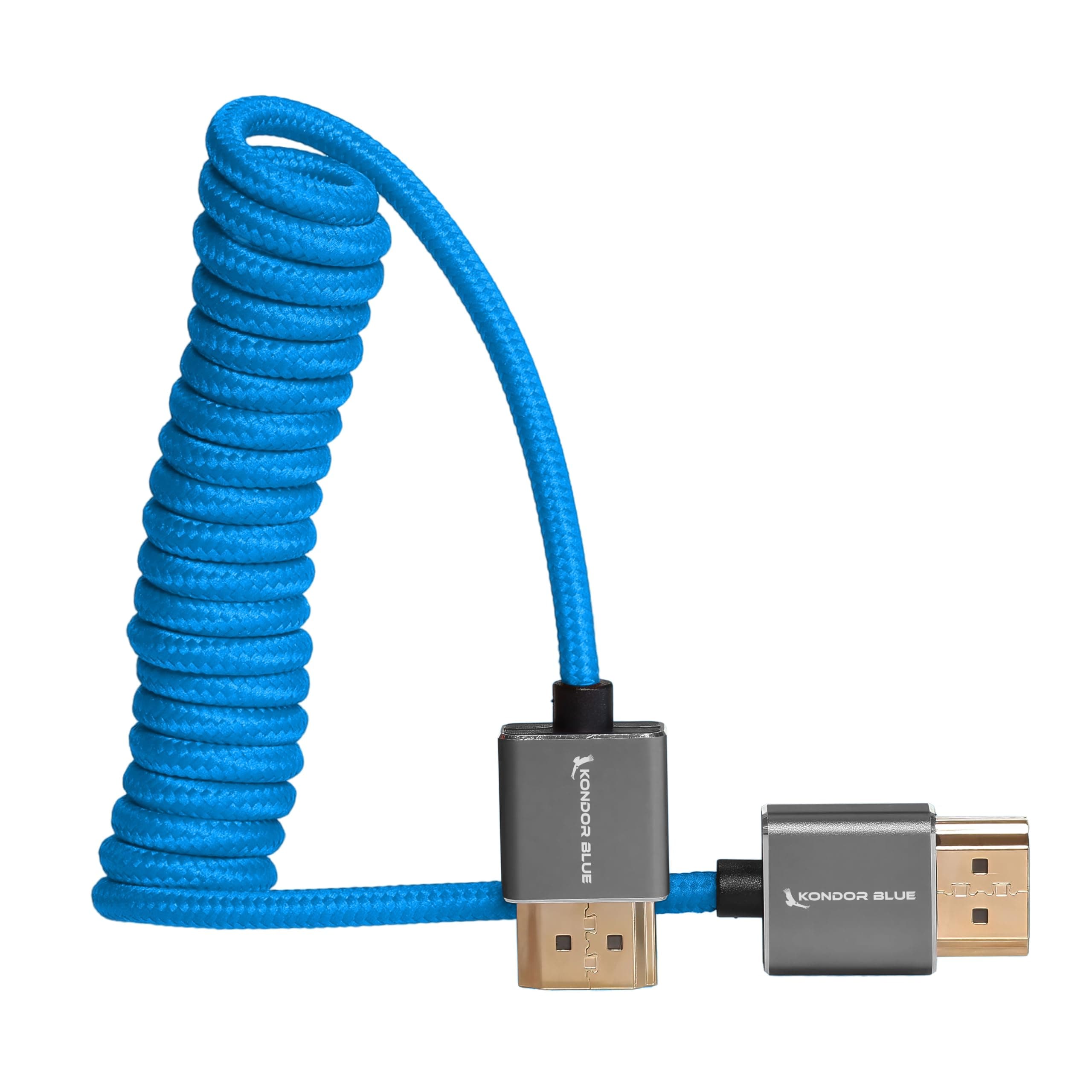 KONDOR BLUE | 4K HDMI to HDMI Thin Short Coiled Braided Cable for On-Camera Monitors, Capture Cards and More | 4K/60hz | 18Gbps 3D HDR Metadata | 12"-24" | Blue